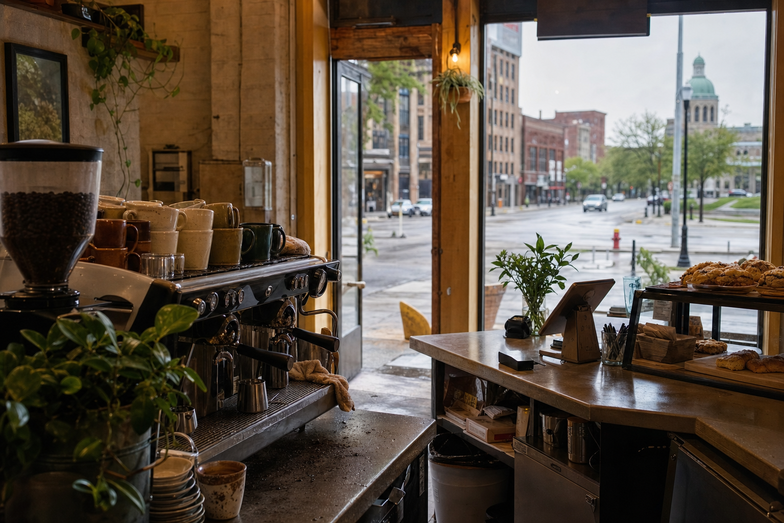 Independent Dayton coffee shop interior with Midwest hardwood morning light, drip station in the middle distance