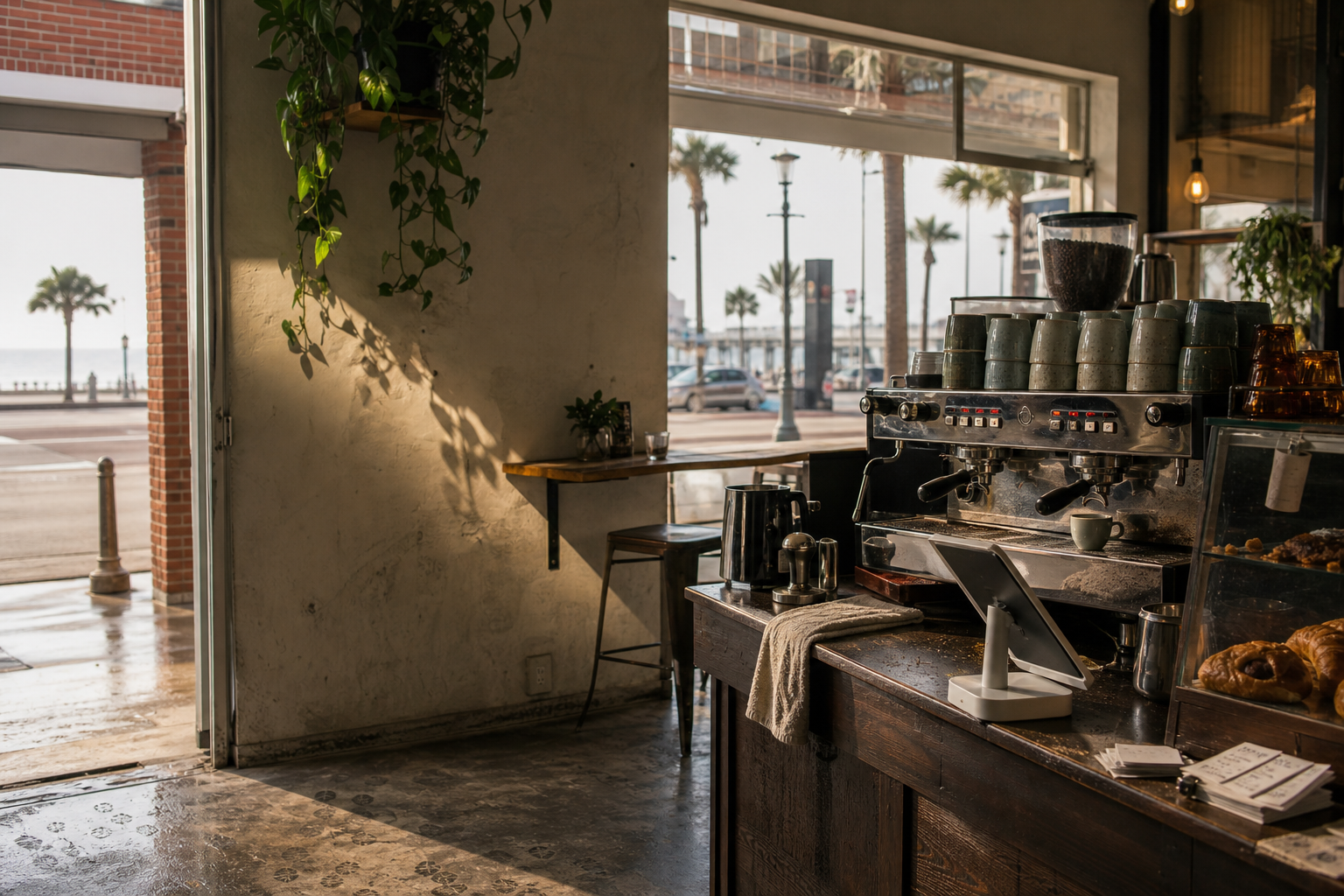 Independent Daytona Beach coffee shop interior with Gulf-light morning, drip station in the middle distance