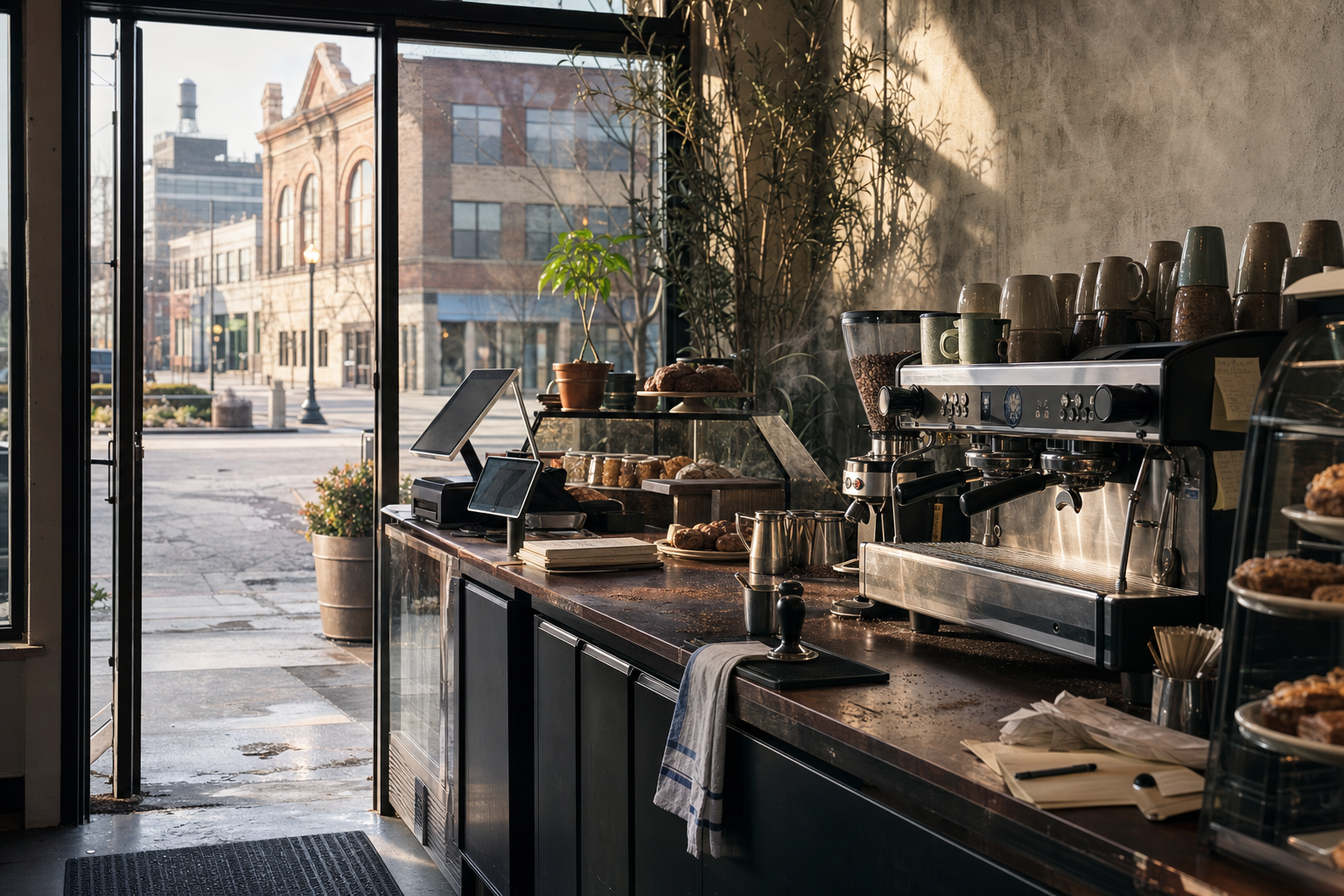 Independent Dearborn coffee shop interior with Great Lakes morning light, chemex pour-over in the middle distance