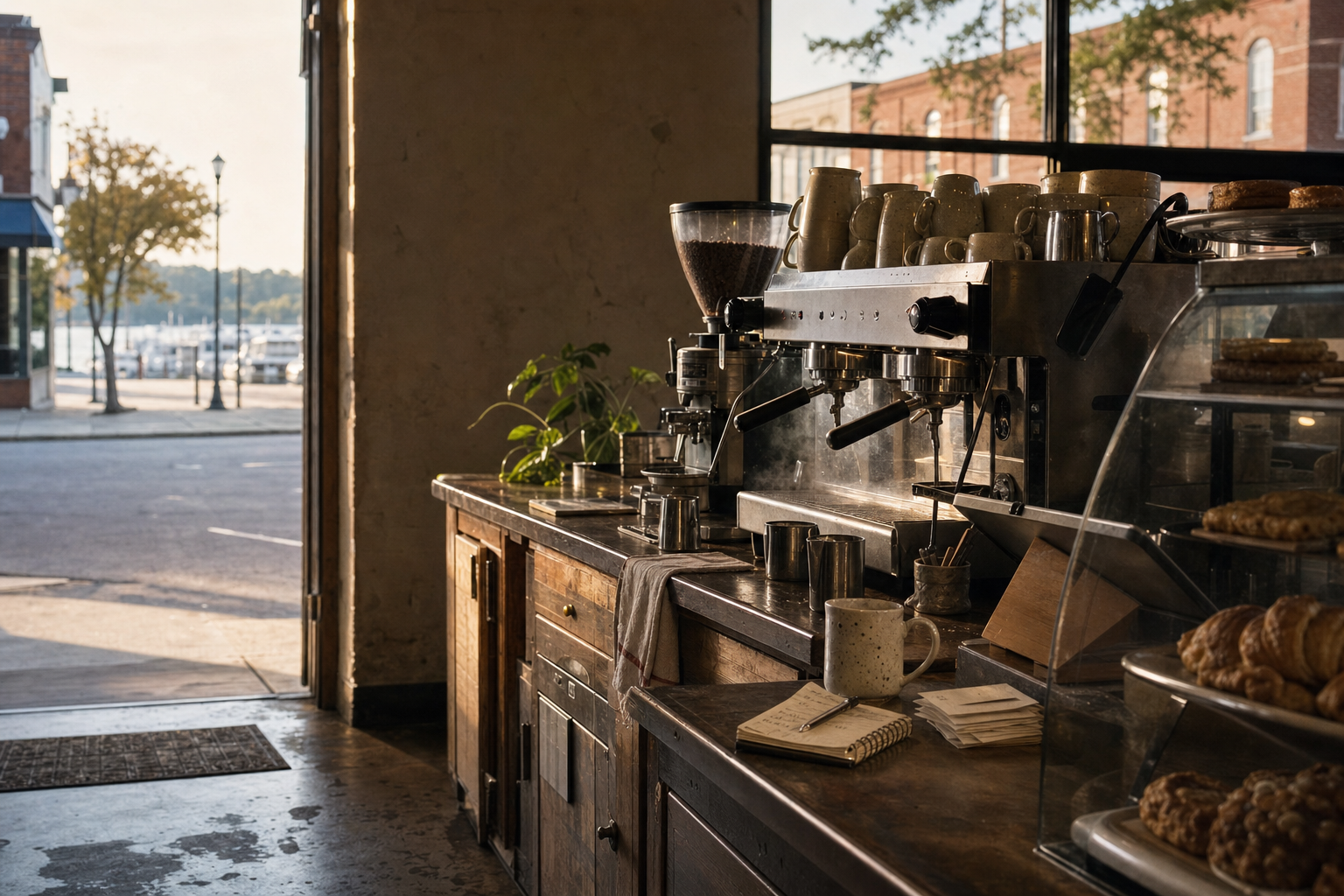 Independent Decatur coffee shop interior with humid Southern morning light, espresso machine in the corner