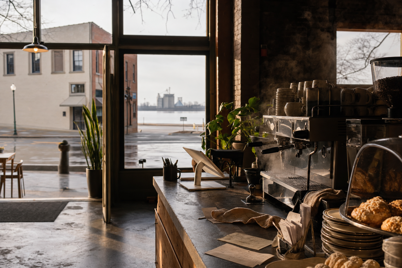 Independent Decatur coffee shop interior with Midwest hardwood morning light, pastry case in the corner