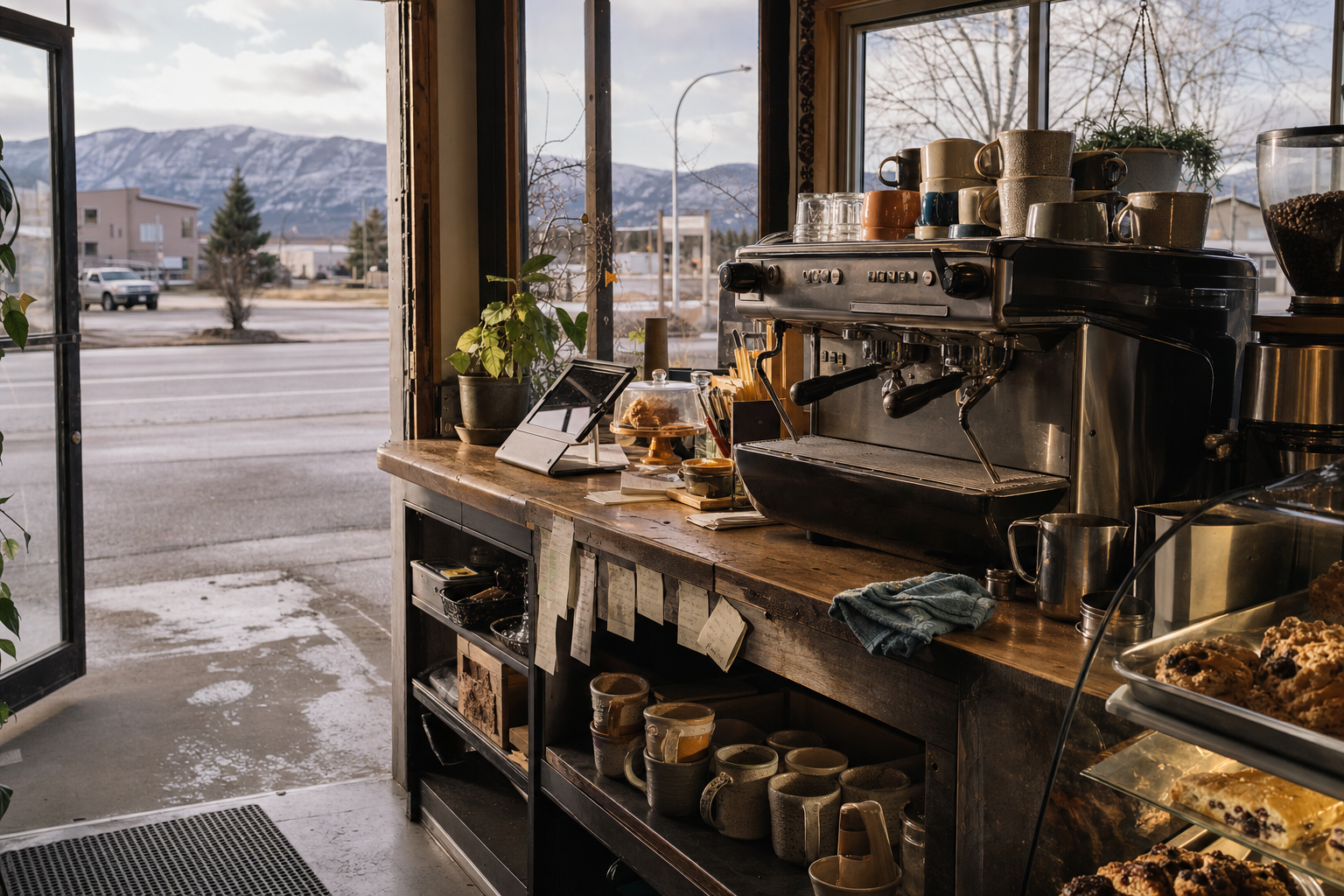 Independent Delta Junction coffee shop interior with fog-filtered coastal morning light, espresso machine in the foreground