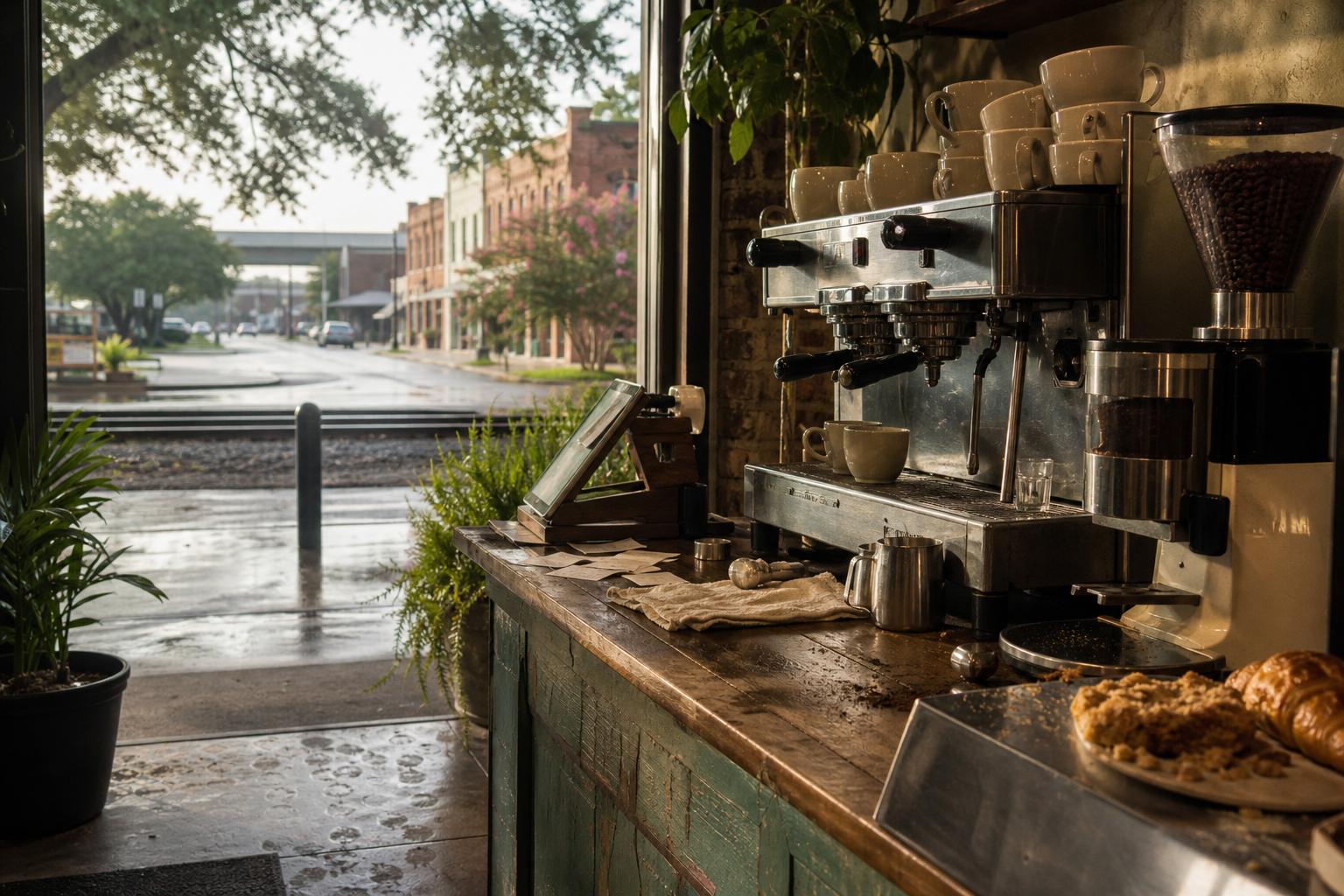 Independent Denham Springs coffee shop interior with humid Gulf morning light, espresso machine in the foreground