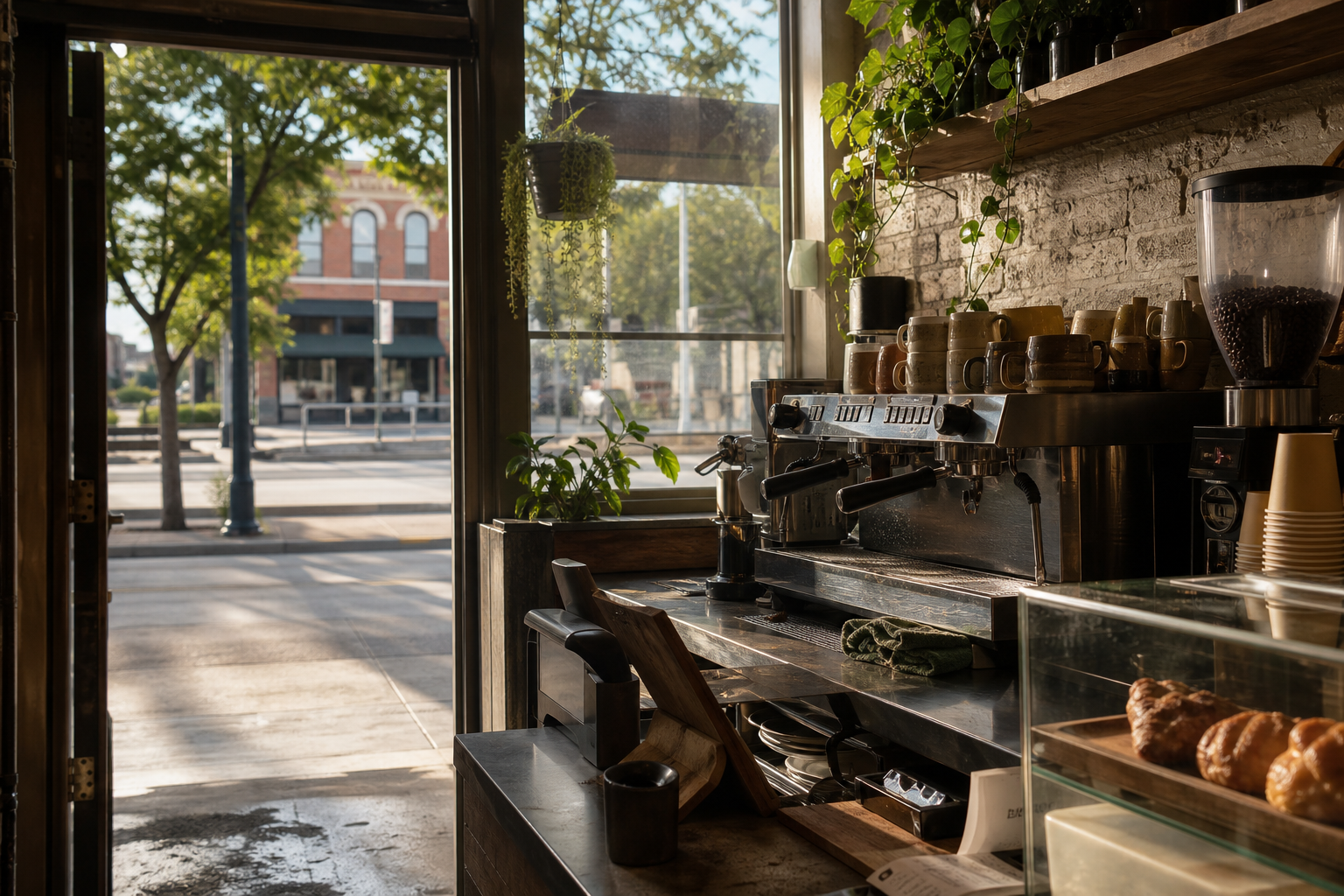 Independent Denton coffee shop interior with Hill Country morning light, espresso machine in the foreground