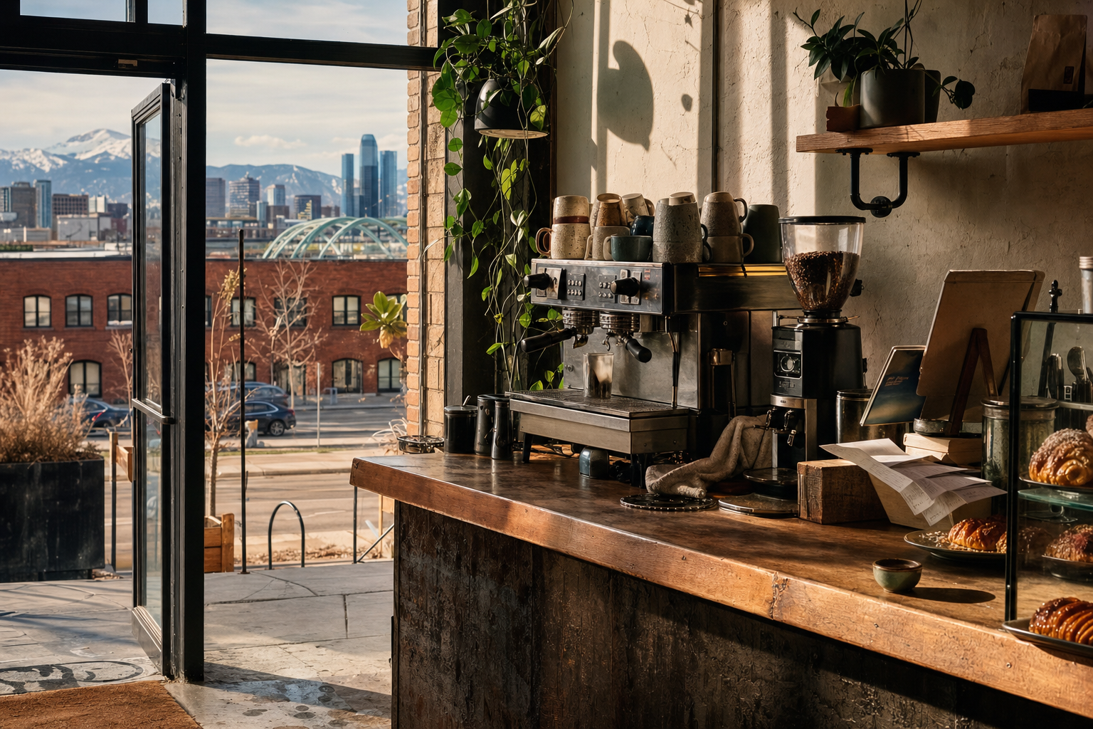 Denver coffee shop interior with CO morning light around the espresso bar.