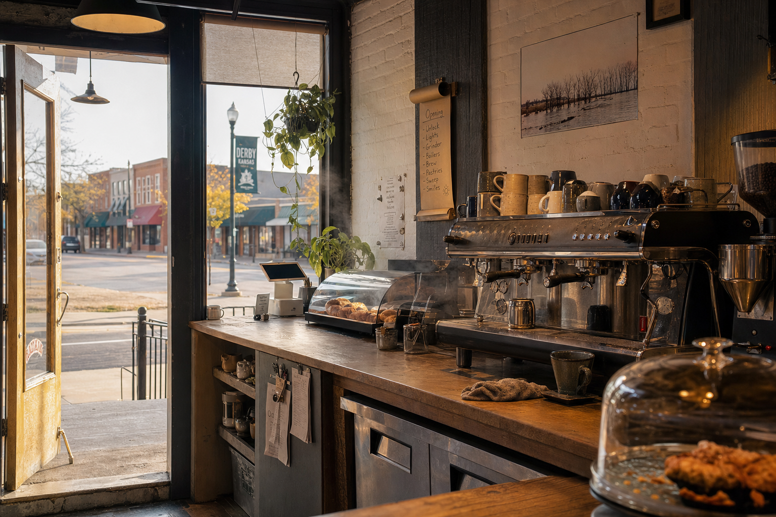 Independent Derby coffee shop interior with prairie morning light, espresso machine in the corner