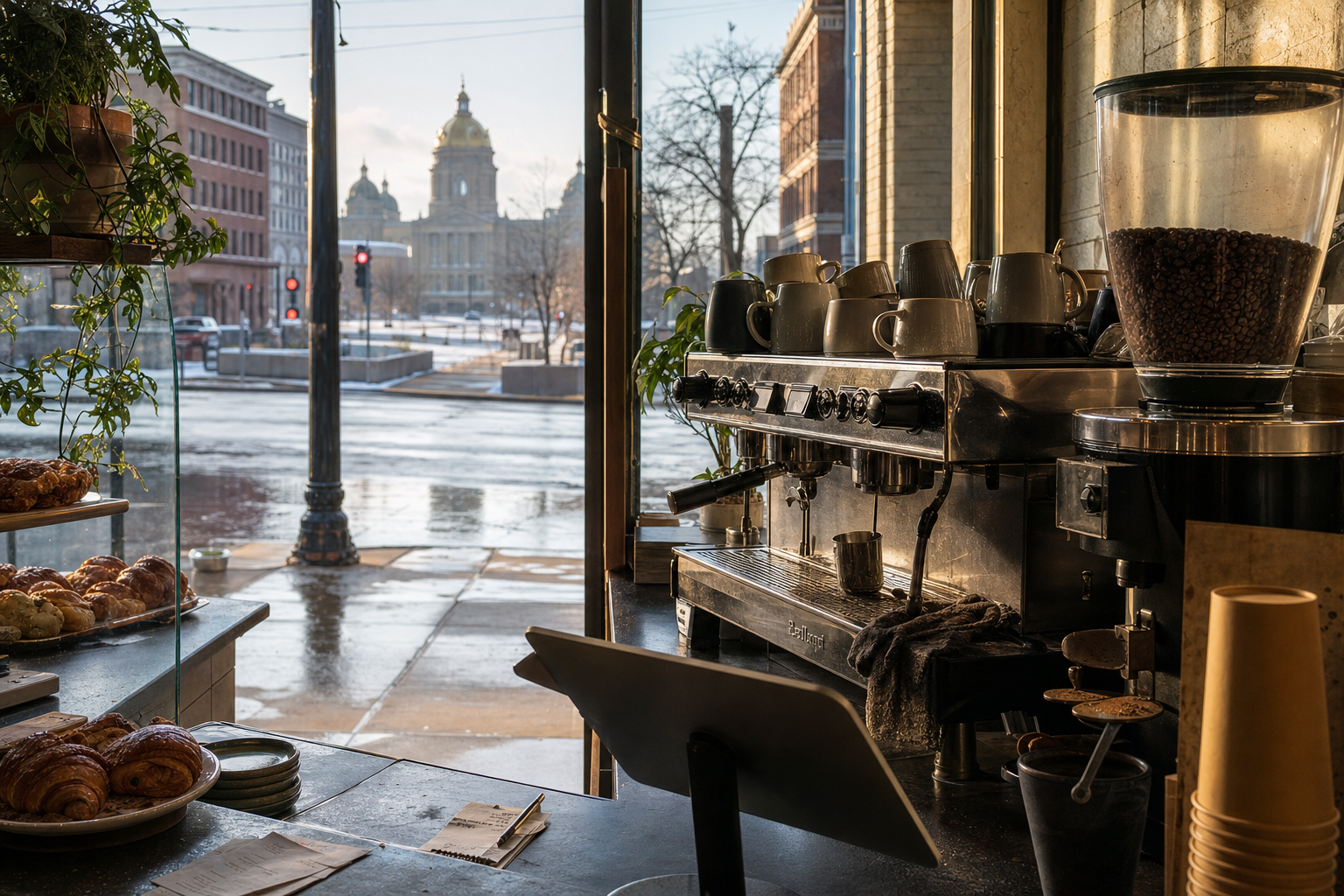 Independent Des Moines coffee shop interior with Midwest hardwood morning light, pastry case in the middle distance