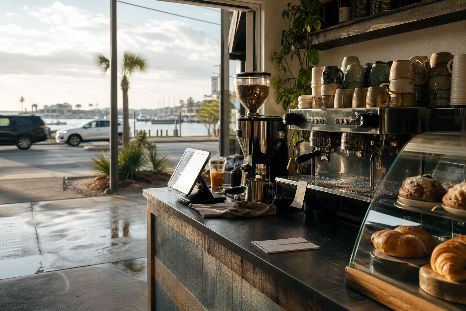 Independent Destin coffee shop interior with Gulf-light morning, pastry case in the middle distance