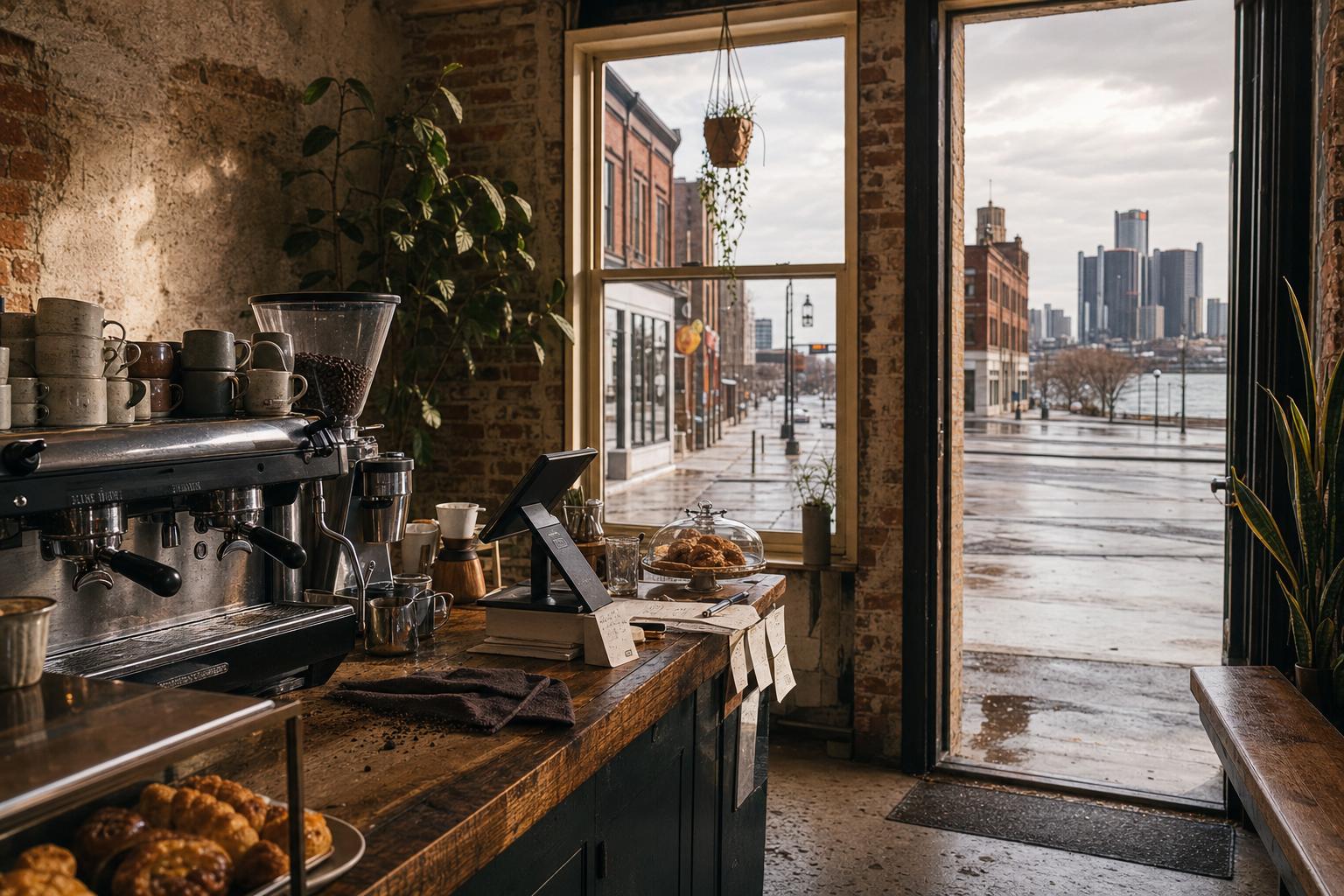 Independent Detroit coffee shop interior with Great Lakes morning light, espresso machine in the corner