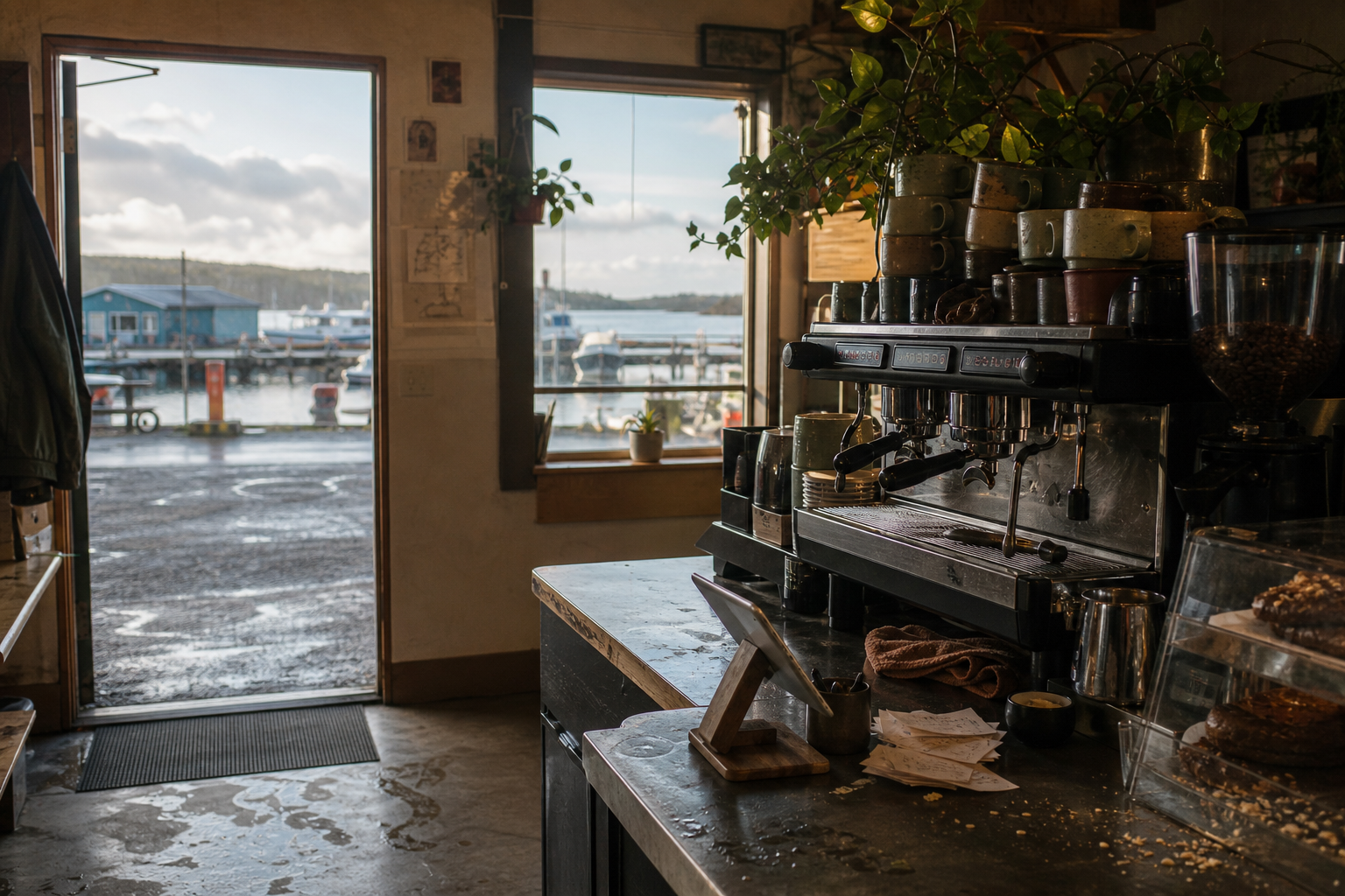 Independent Dillingham coffee shop interior with fog-filtered coastal morning light, drip station in the middle distance