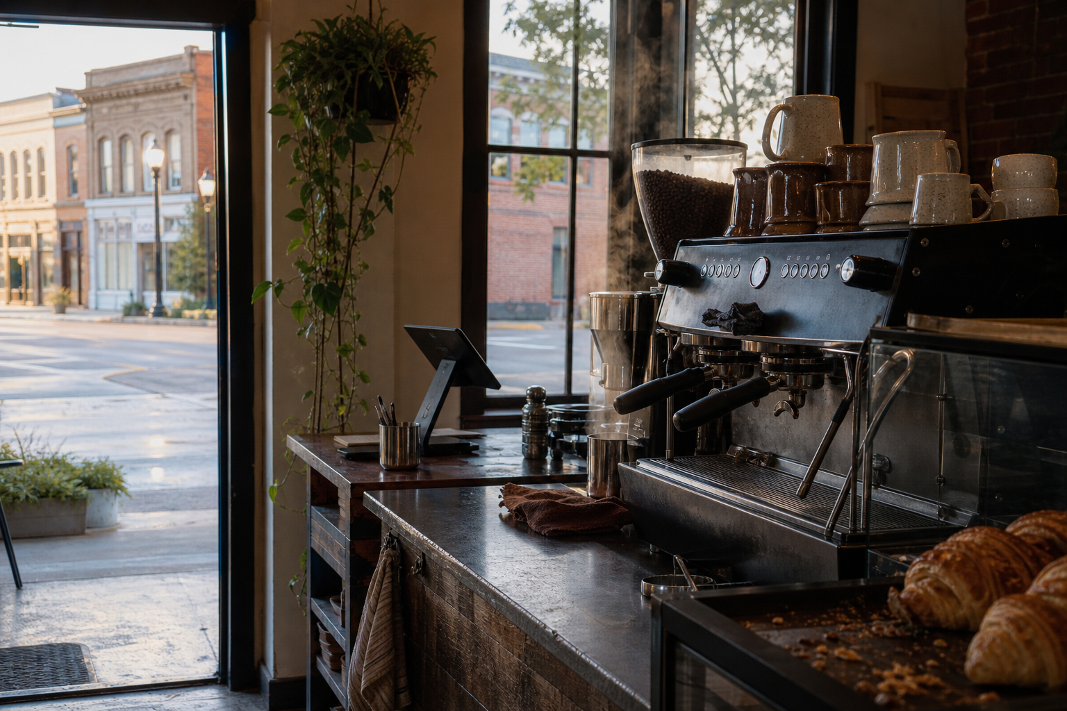 Independent Dodge City coffee shop interior with prairie morning light, espresso machine in the foreground