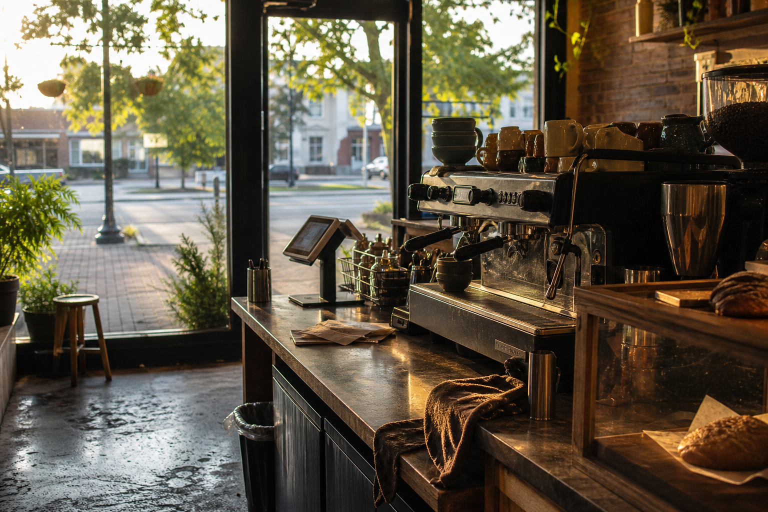 Independent Dothan coffee shop interior with humid Southern morning light, espresso machine in the foreground