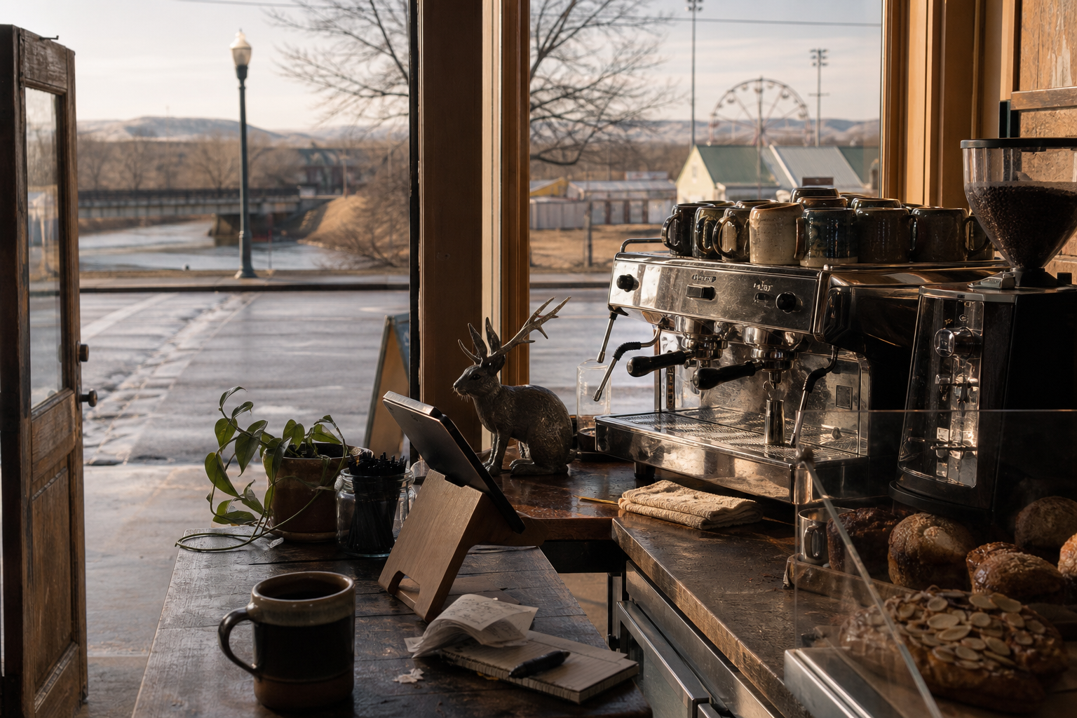 Independent Douglas coffee shop interior with Rocky Mountain morning light, espresso machine in the foreground