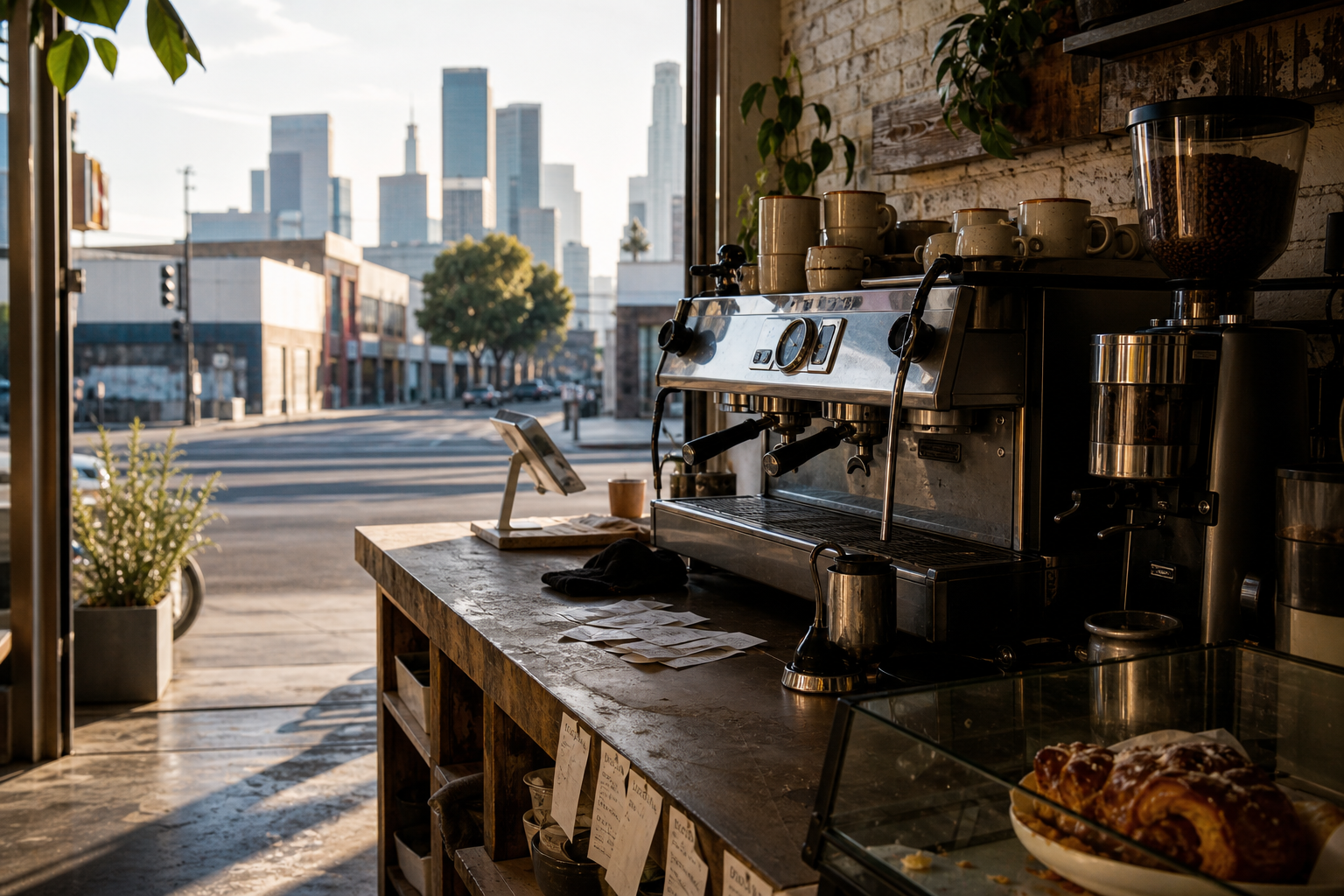 Independent California coffee shop interior, warm morning light, espresso machine on the bar