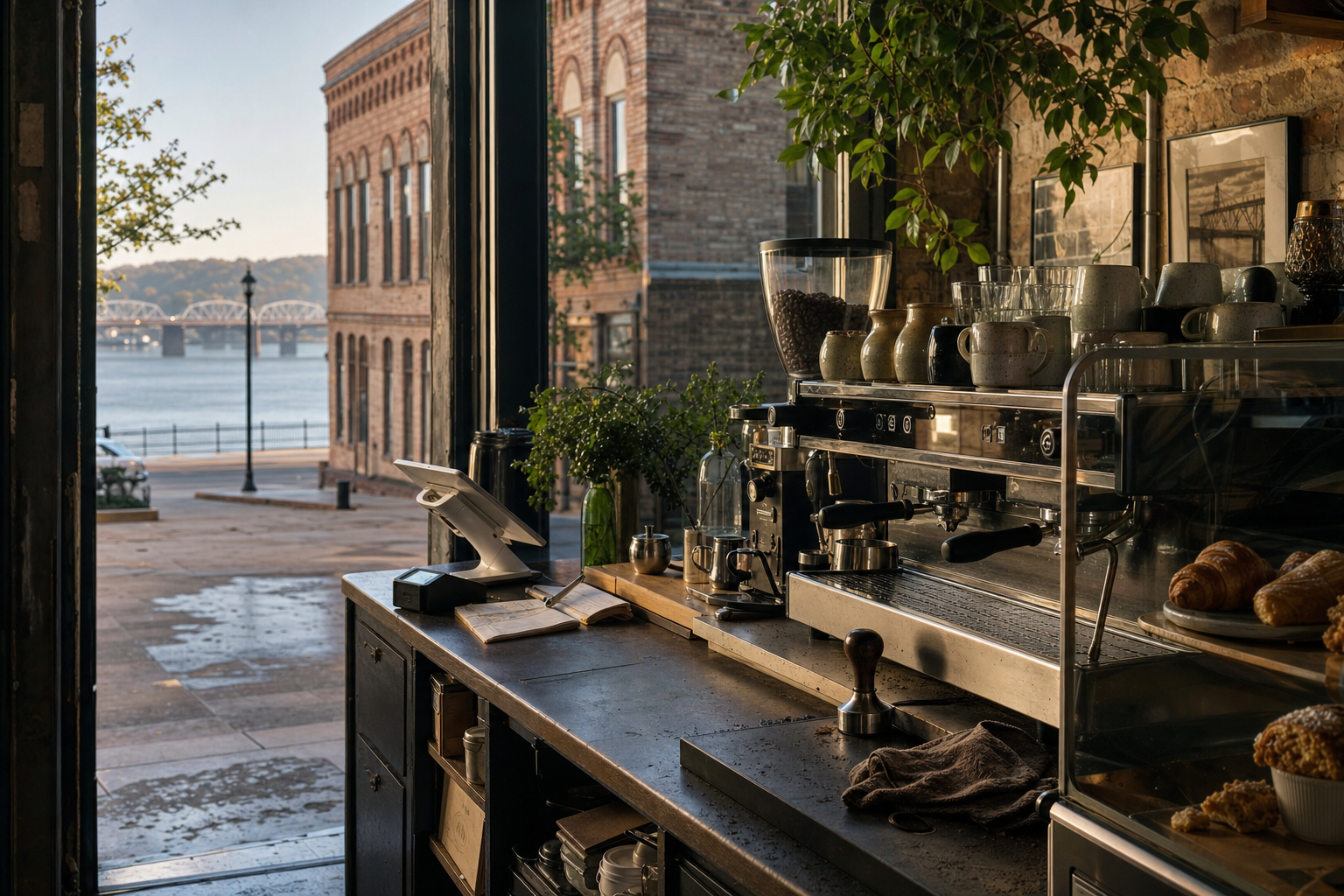 Independent Dubuque coffee shop interior with Midwest hardwood morning light, chemex pour-over in the corner
