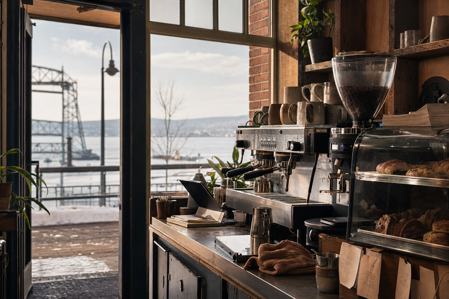 Independent Duluth coffee shop interior with Midwest hardwood morning light, espresso machine in the foreground