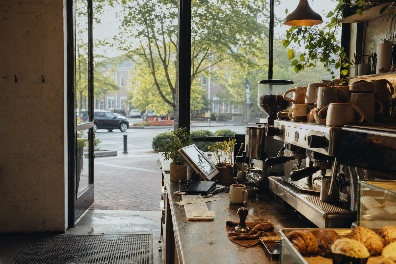 Independent Dunwoody coffee shop interior with red-clay morning light, drip station in the corner