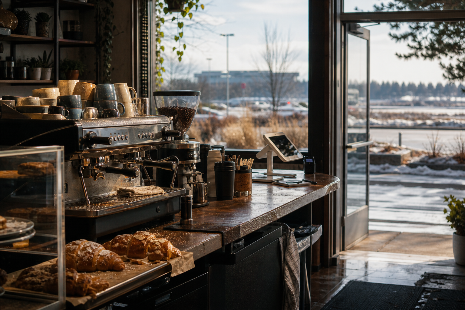 Independent Eagan coffee shop interior with Midwest hardwood morning light, espresso machine in the foreground