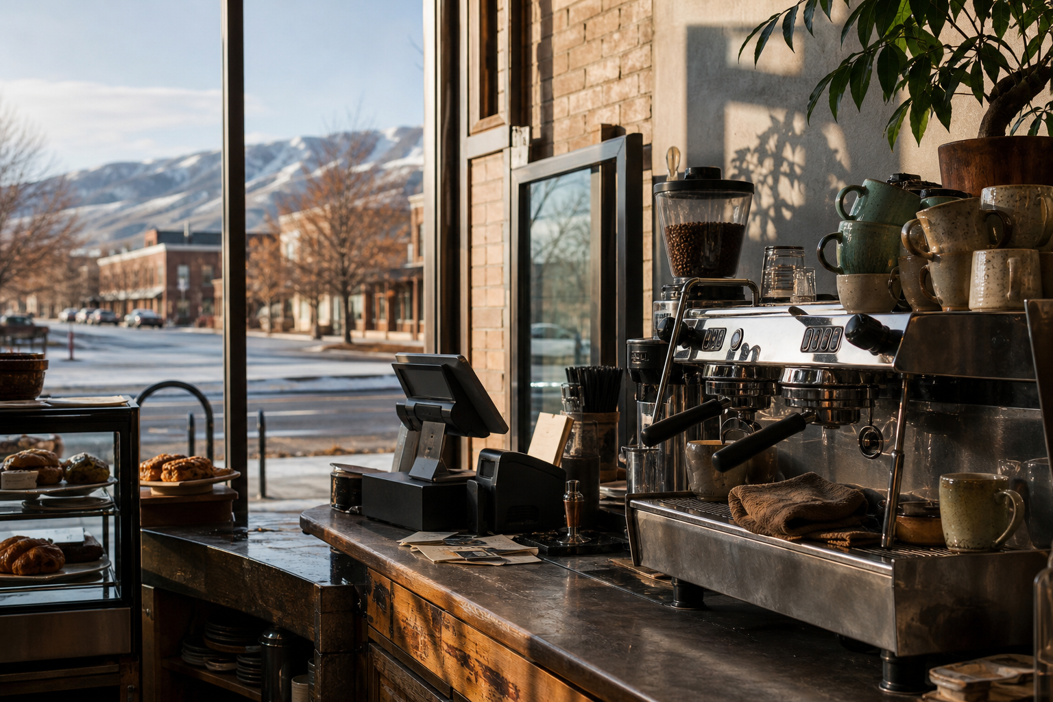 Independent Eagle coffee shop interior with high-desert morning light, pastry case in the middle distance