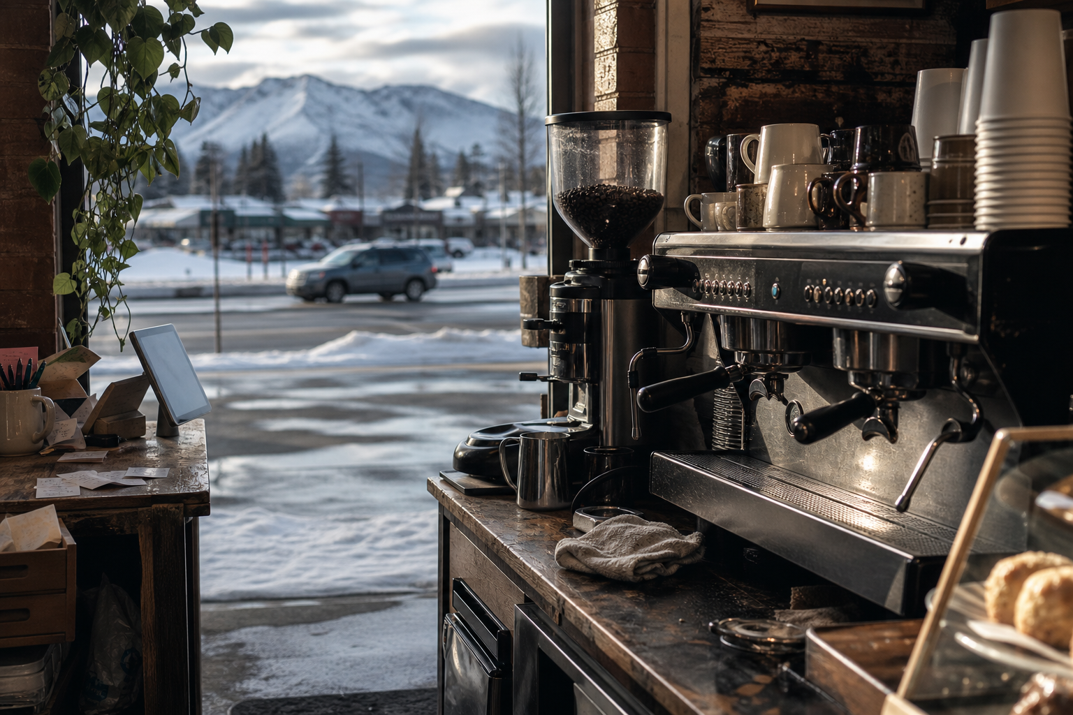 Independent Eagle River coffee shop interior with fog-filtered coastal morning light, espresso machine in the middle distance