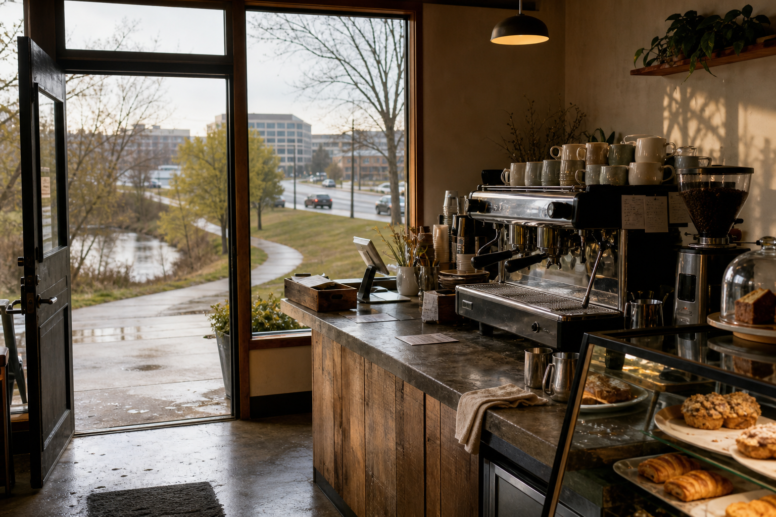 Independent Eden Prairie coffee shop interior with Midwest hardwood morning light, pastry case in the foreground