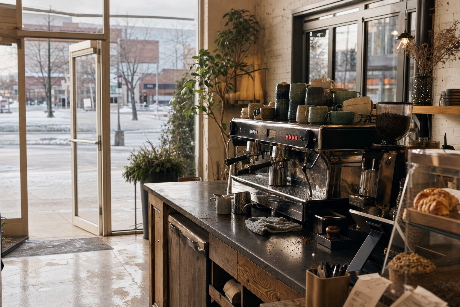 Edina coffee shop interior with MN morning light around the espresso bar.