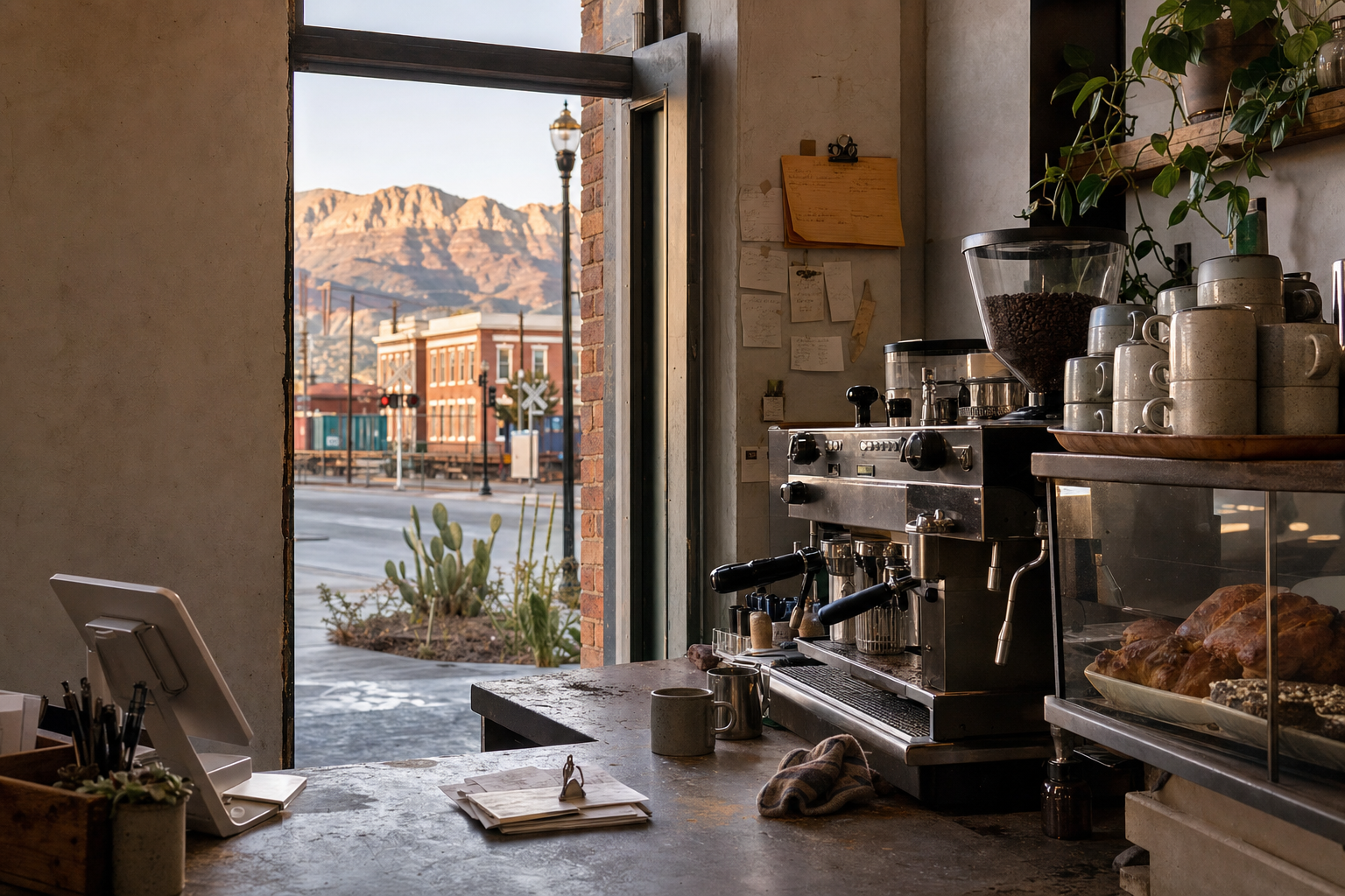 Independent El Paso coffee shop interior with Hill Country morning light, drip station in the foreground
