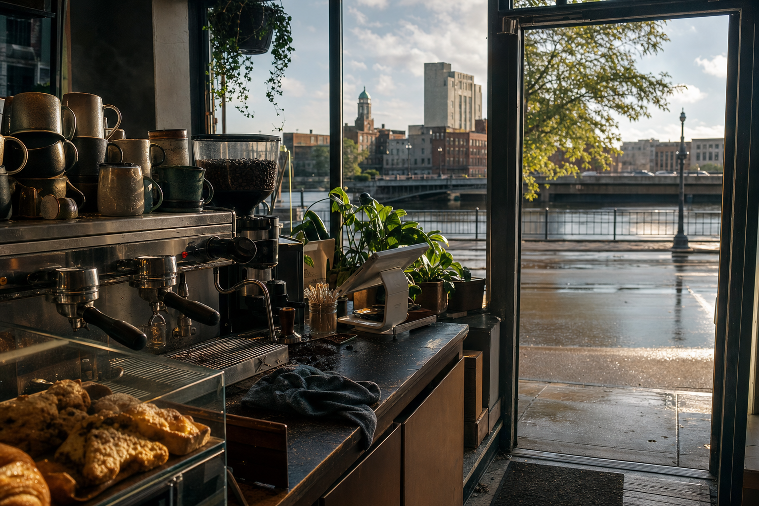 Independent Elgin coffee shop interior with Midwest hardwood morning light, espresso machine in the corner