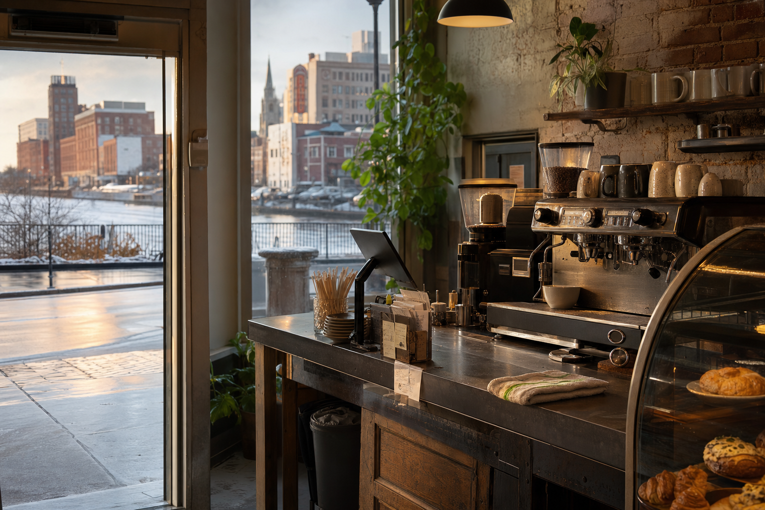 Independent Elkhart coffee shop interior with Midwest hardwood morning light, espresso machine in the middle distance