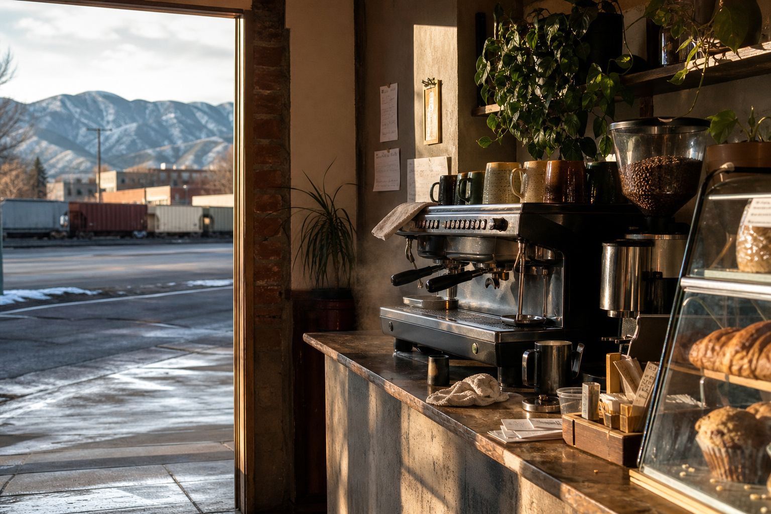 Independent Elko coffee shop interior with warm desert morning light, drip station in the foreground
