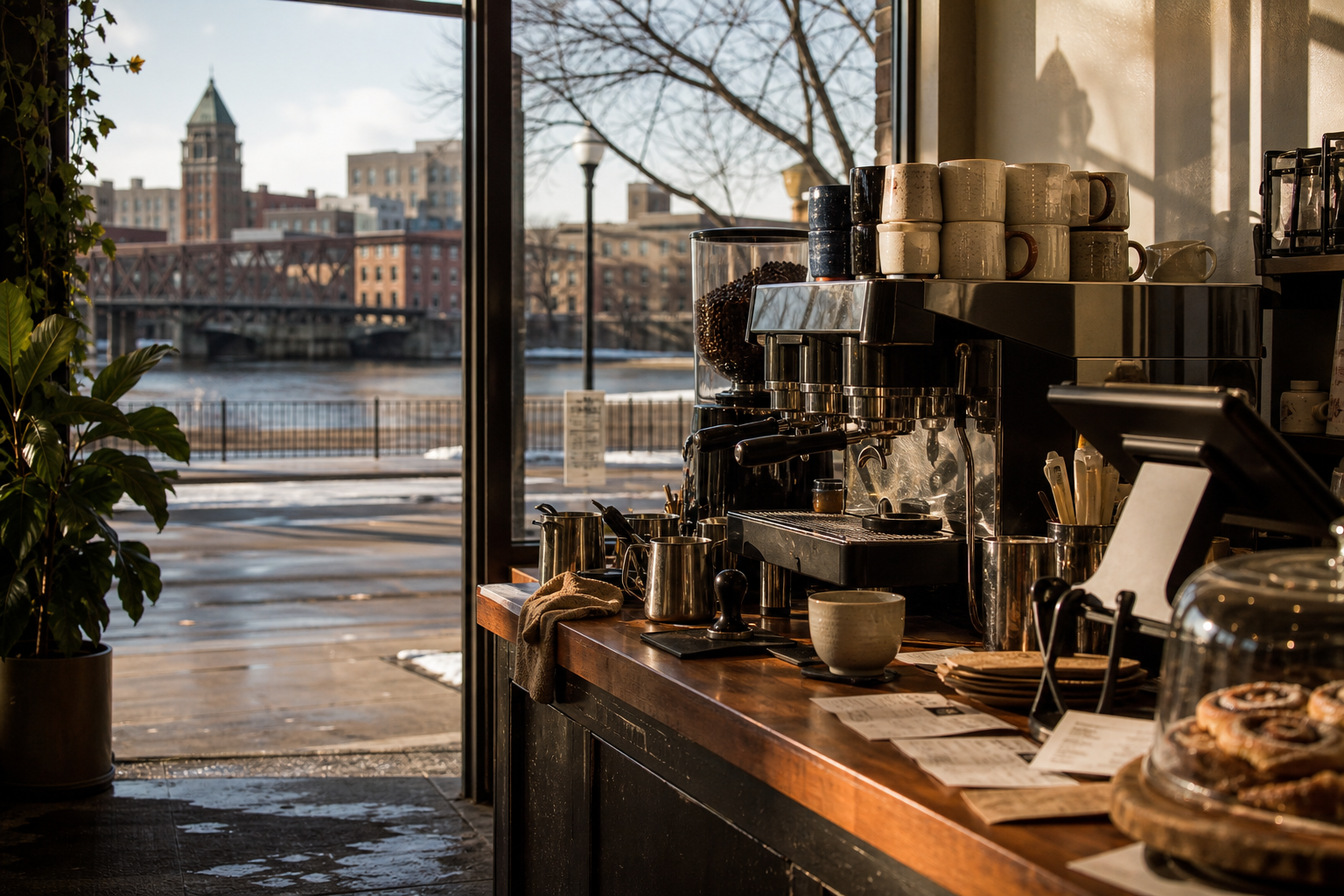 Independent Elyria coffee shop interior with Midwest hardwood morning light, chemex pour-over in the corner