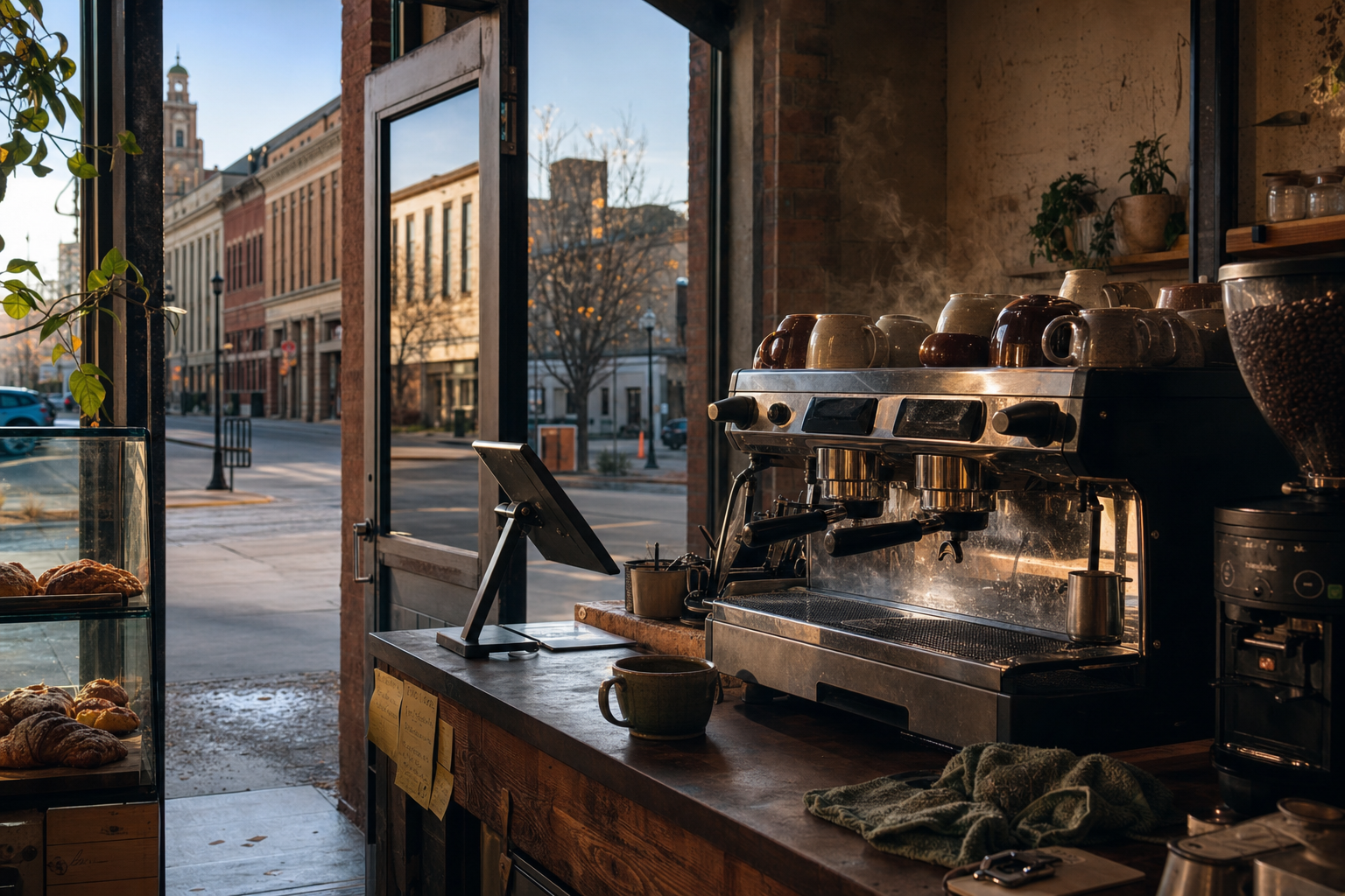 Independent Emporia coffee shop interior with prairie morning light, pastry case in the corner