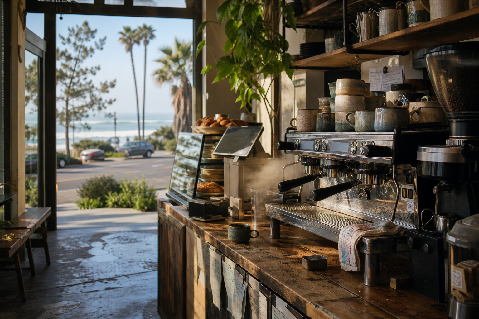 Independent Encinitas coffee shop interior with Pacific morning light, chemex pour-over in the foreground