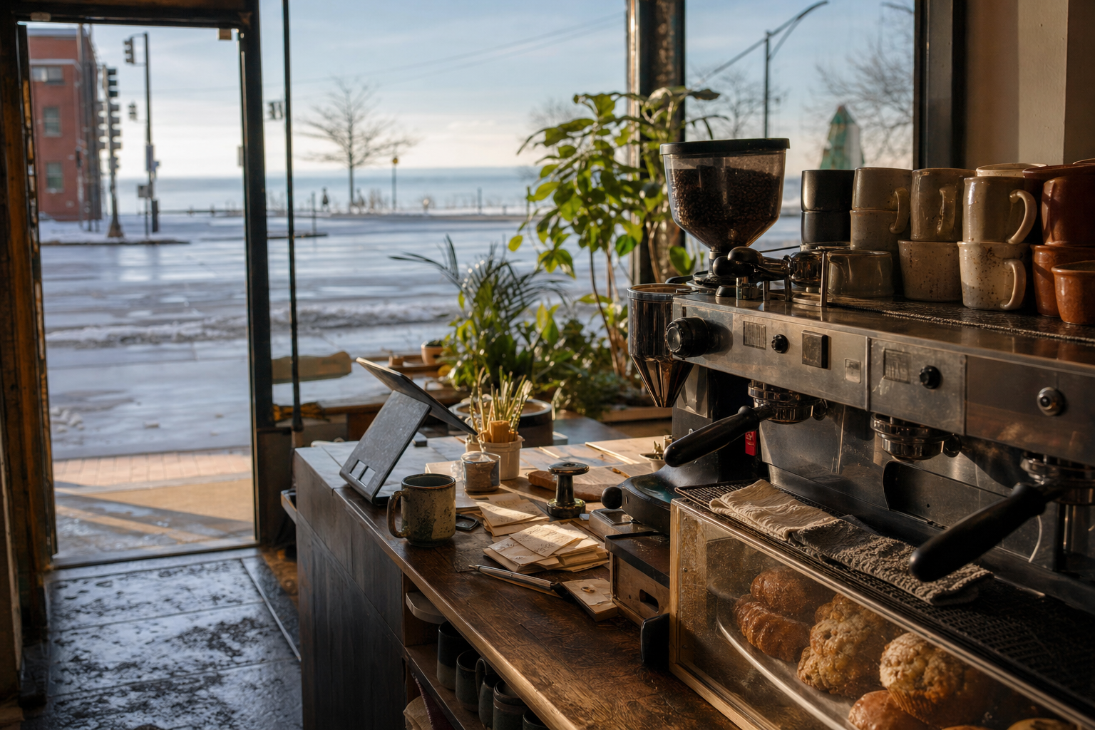 Independent Euclid coffee shop interior with Midwest hardwood morning light, drip station in the corner