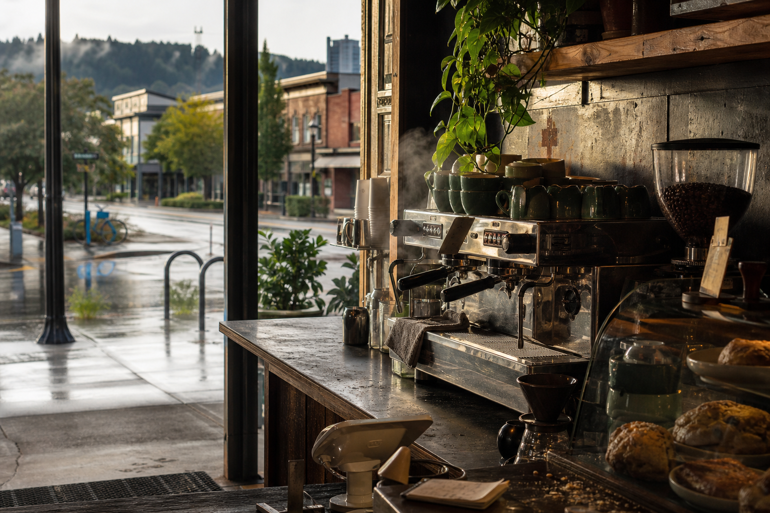 Independent Eugene coffee shop interior with fog-filtered morning light, drip station in the corner