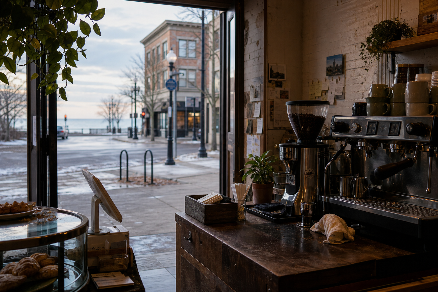 Independent Evanston coffee shop interior with Midwest hardwood morning light, pastry case in the corner
