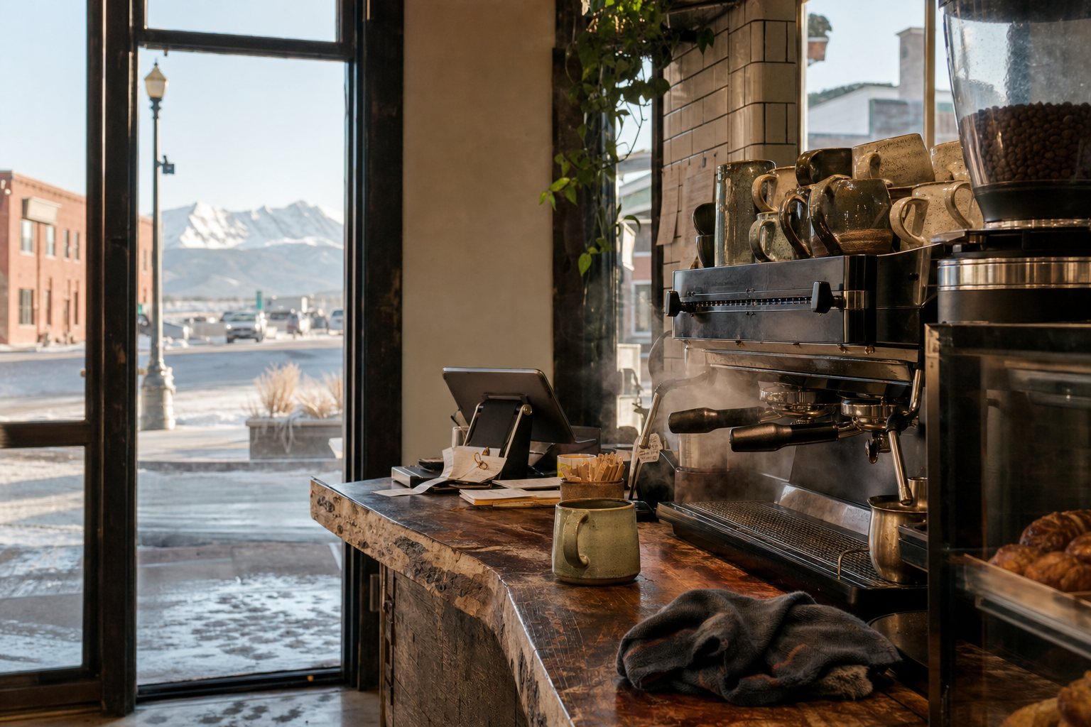 Independent Evanston coffee shop interior with Rocky Mountain morning light, drip station in the middle distance