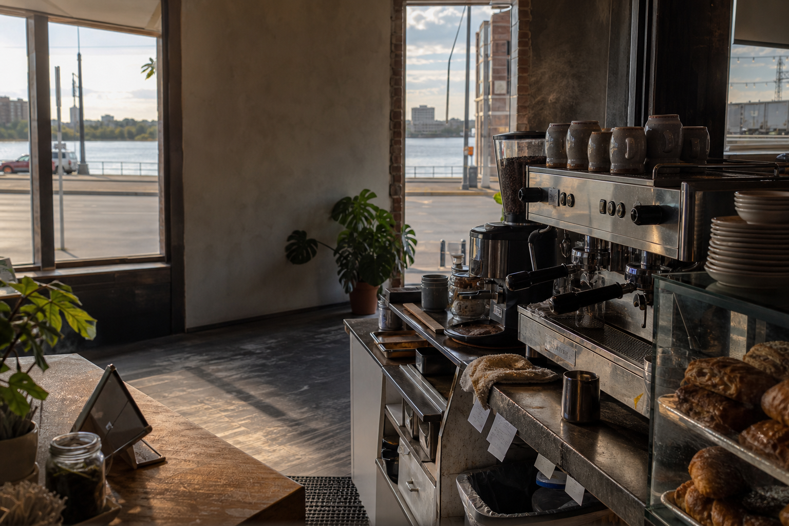 Independent Evansville coffee shop interior with Midwest hardwood morning light, pastry case in the foreground