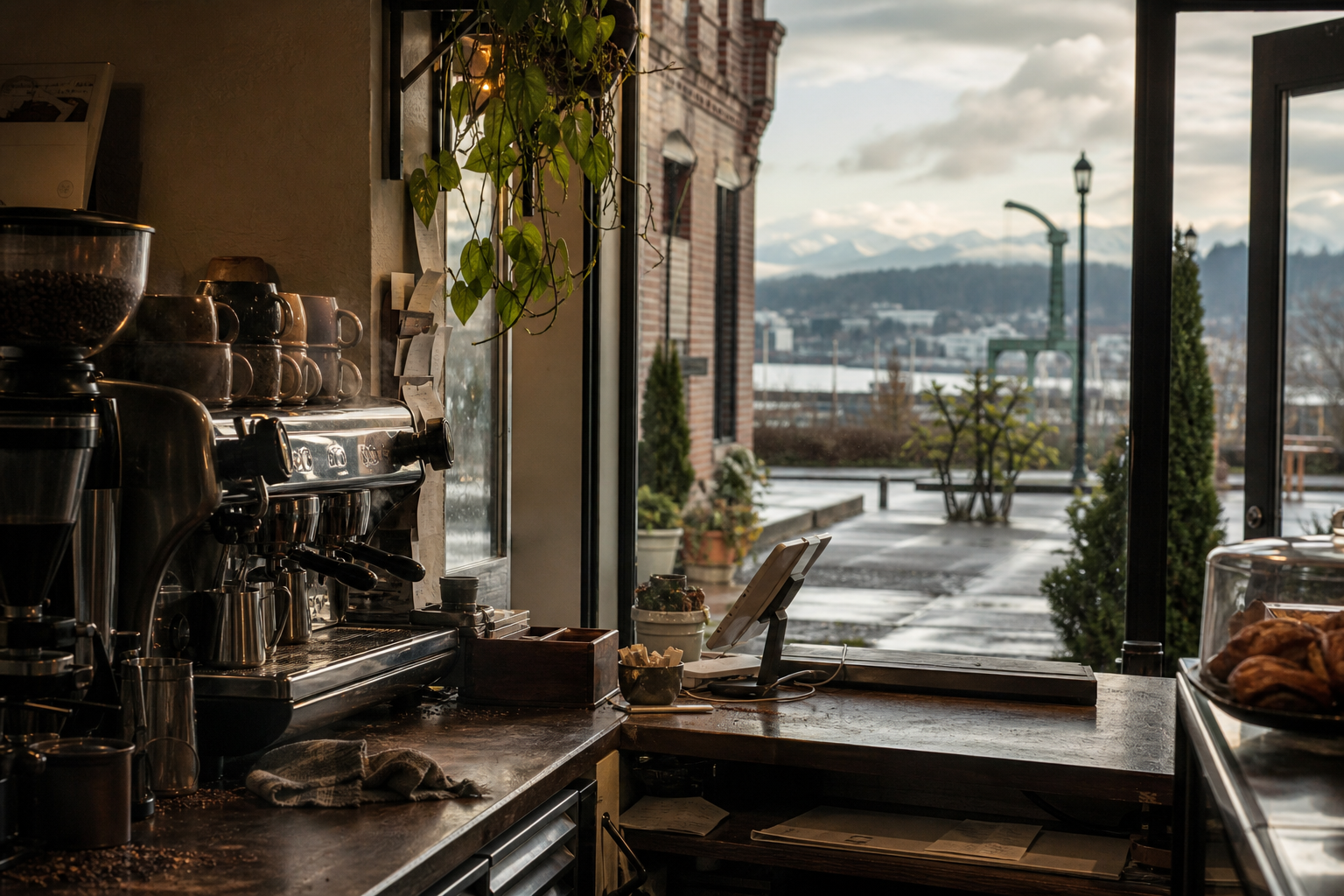 Independent Everett coffee shop interior with fog-filtered morning light, chemex pour-over in the foreground