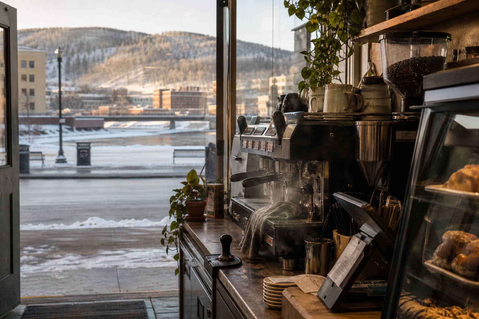 Independent Fairbanks coffee shop interior with fog-filtered coastal morning light, chemex pour-over in the middle distance