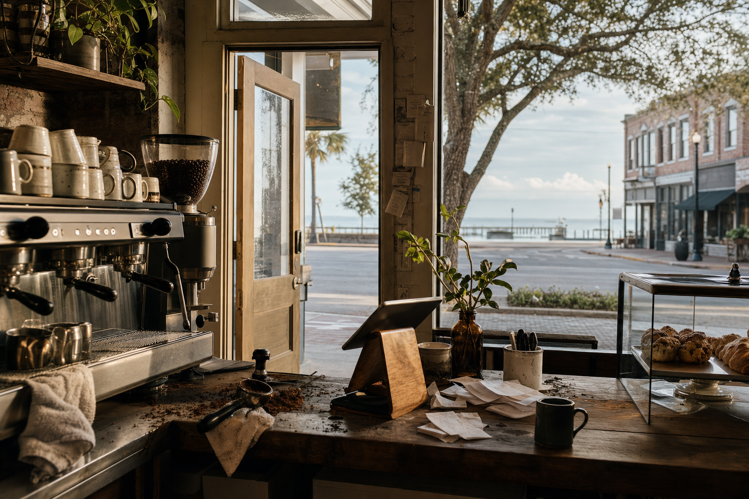 Independent Fairhope coffee shop interior with humid Southern morning light, espresso machine in the foreground
