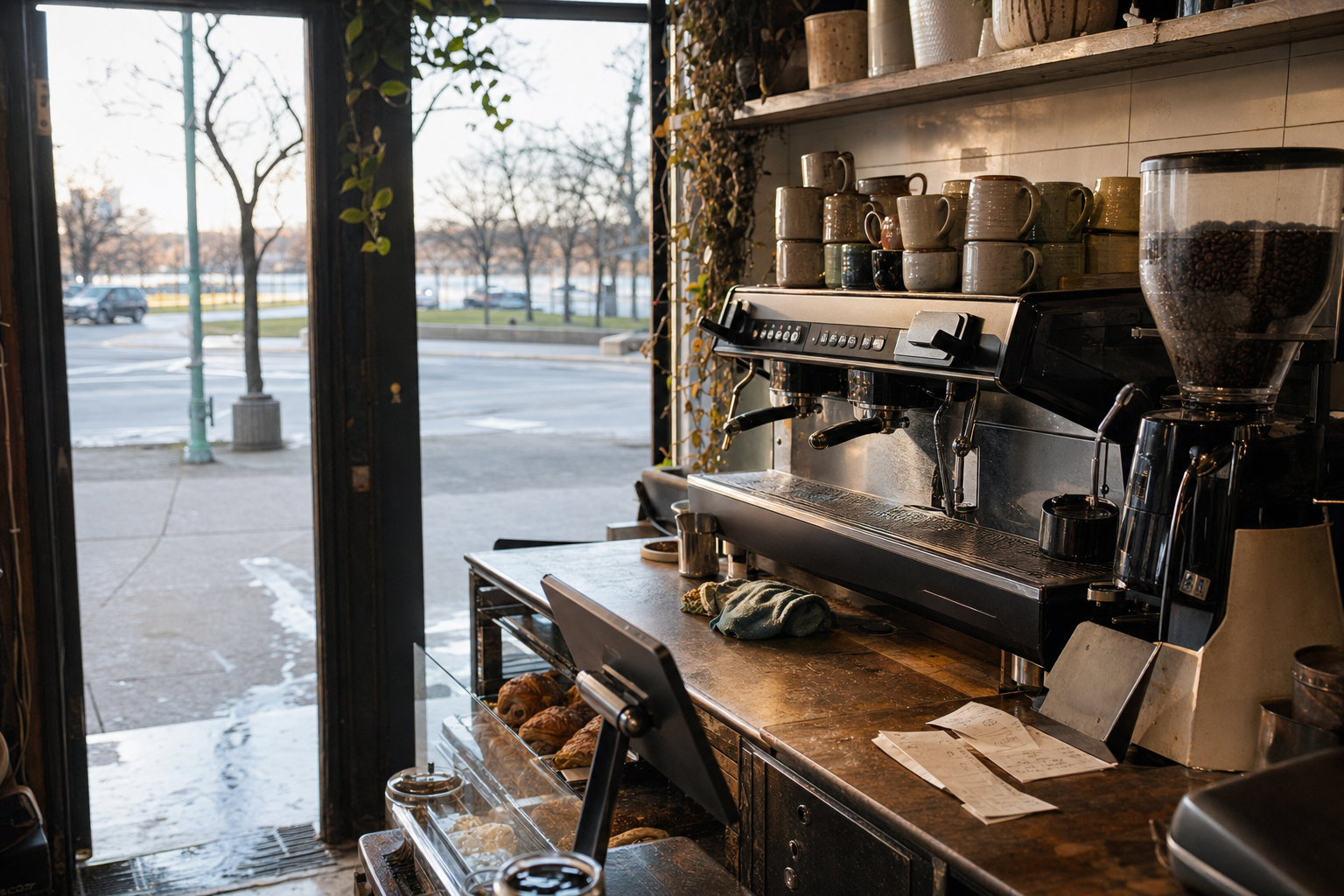 Independent Farmington Hills coffee shop interior with Great Lakes morning light, chemex pour-over in the corner