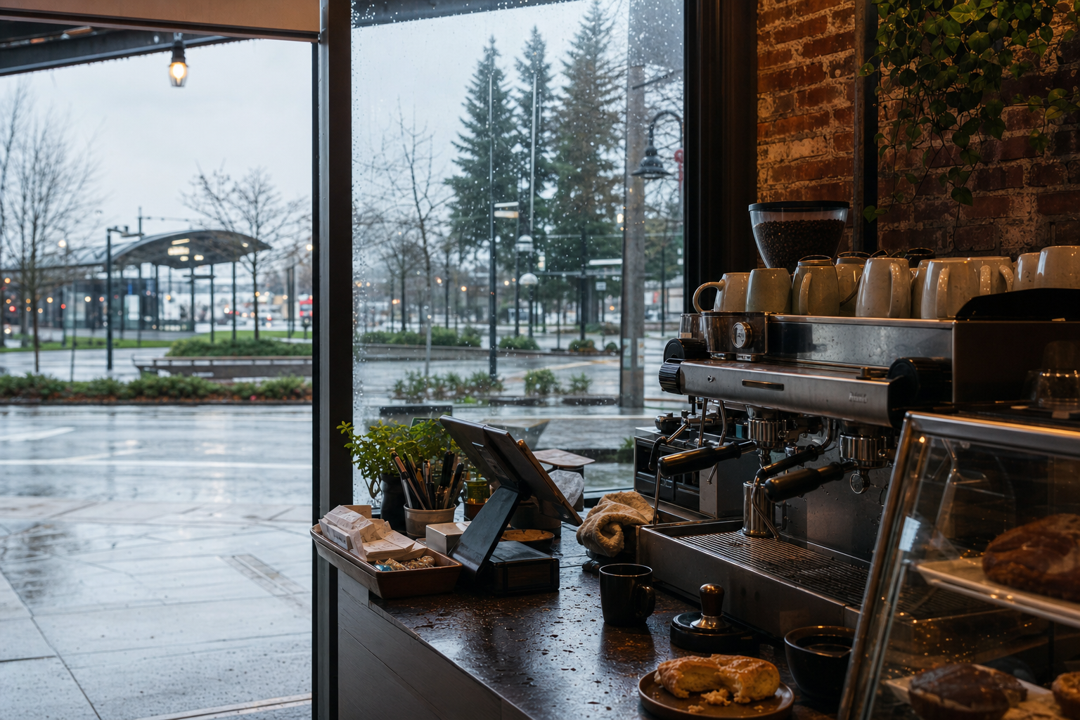Independent Federal Way coffee shop interior with fog-filtered morning light, espresso machine in the middle distance