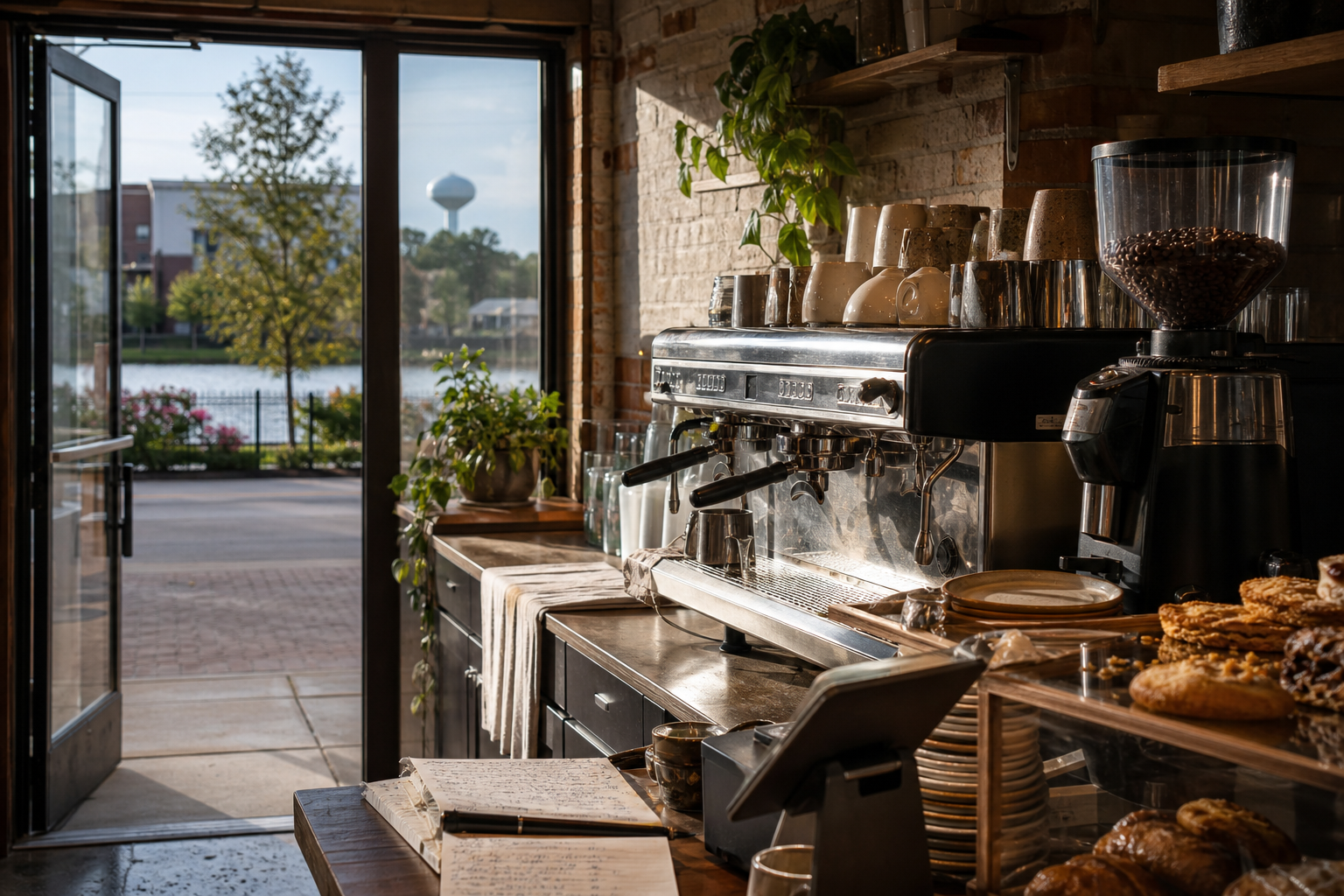 Independent Fishers coffee shop interior with Midwest hardwood morning light, pastry case in the middle distance