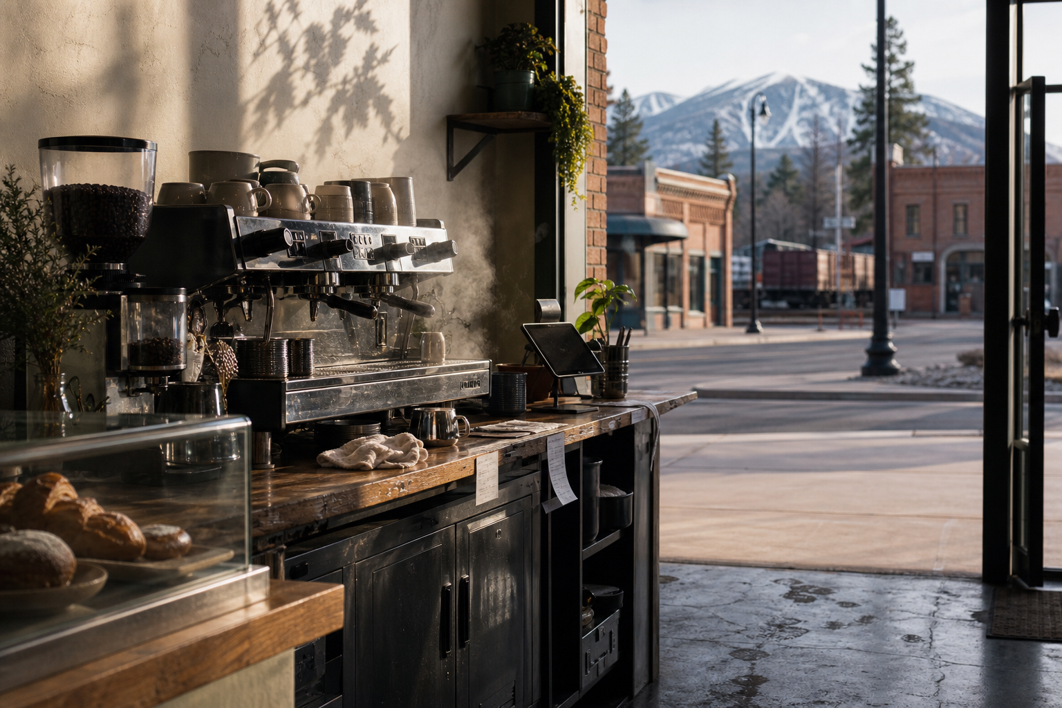 Independent Flagstaff coffee shop interior with warm desert morning light, espresso machine in the middle distance