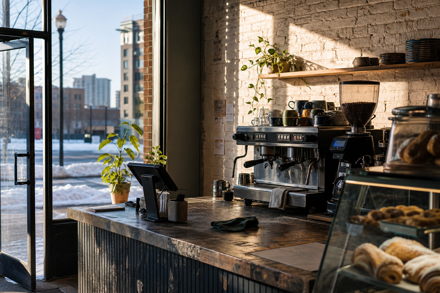 Independent Flint coffee shop interior with Great Lakes morning light, espresso machine in the middle distance