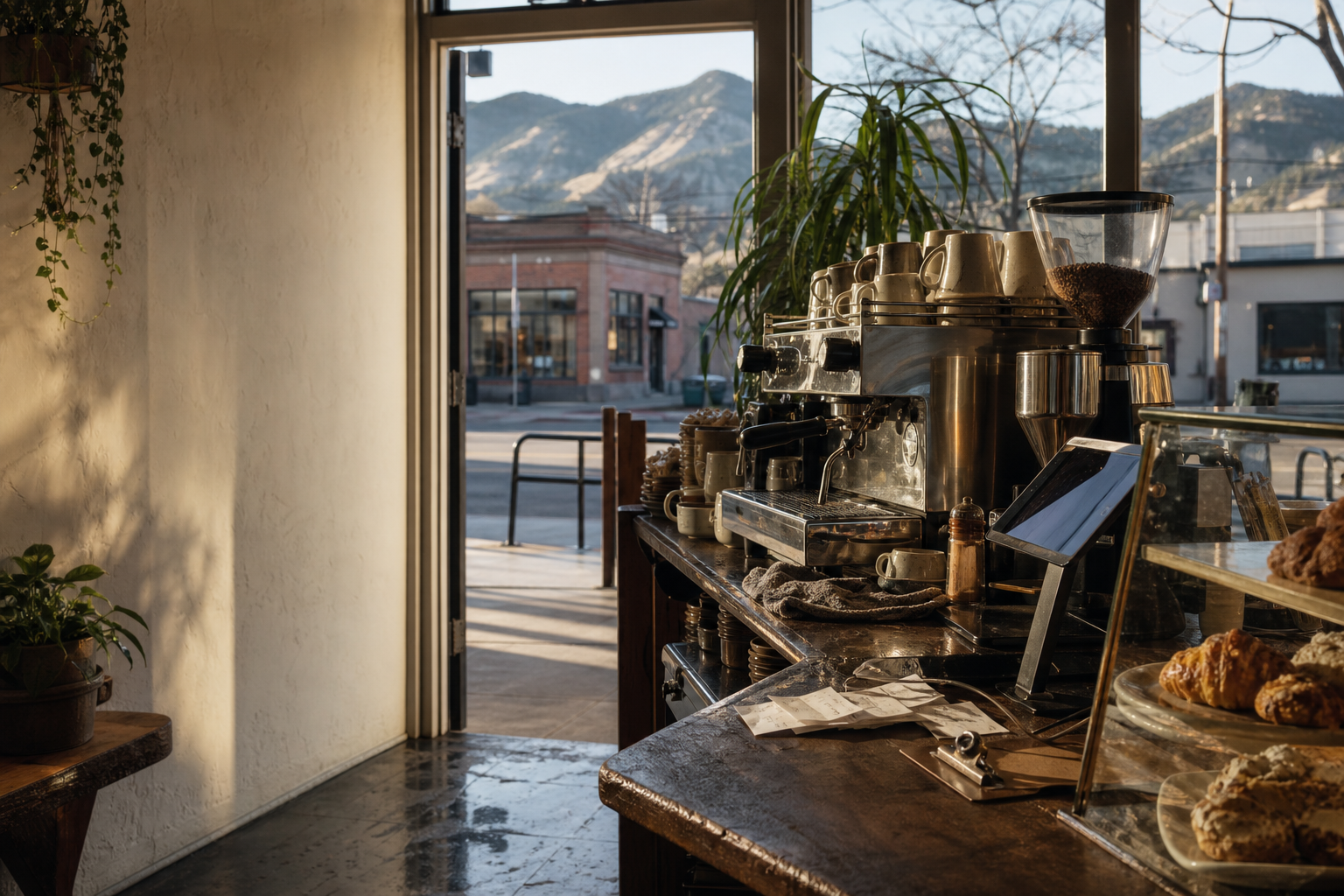Independent Fort Collins coffee shop interior with warm Front Range morning light, drip station in the middle distance