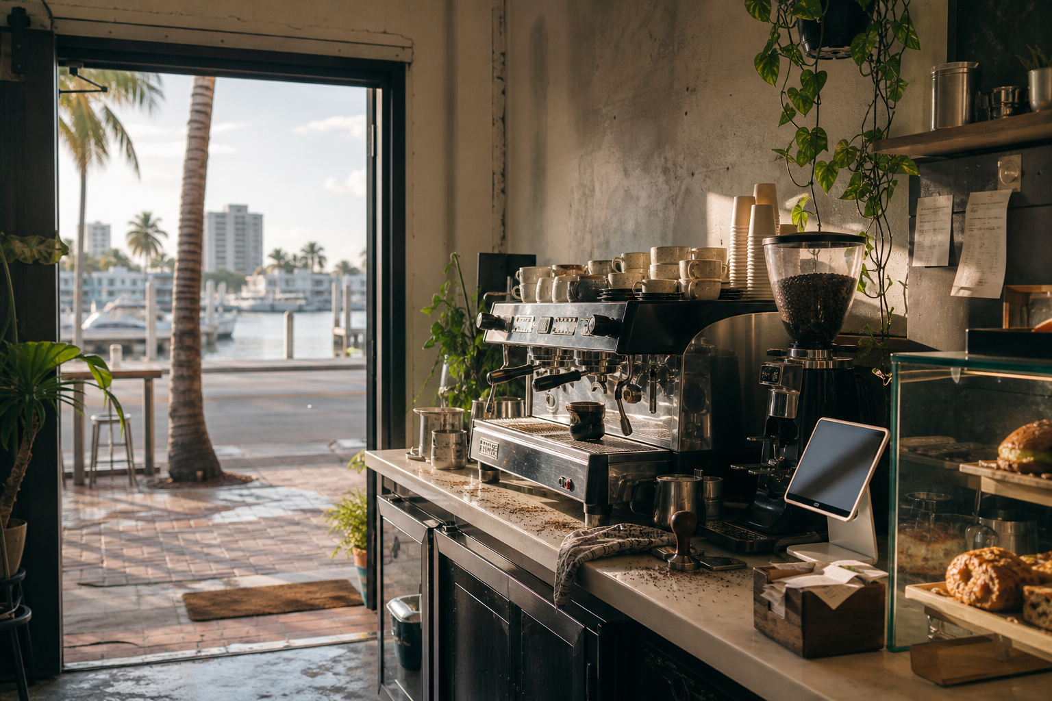 Independent Fort Lauderdale coffee shop interior with Gulf-light morning, chemex pour-over in the foreground