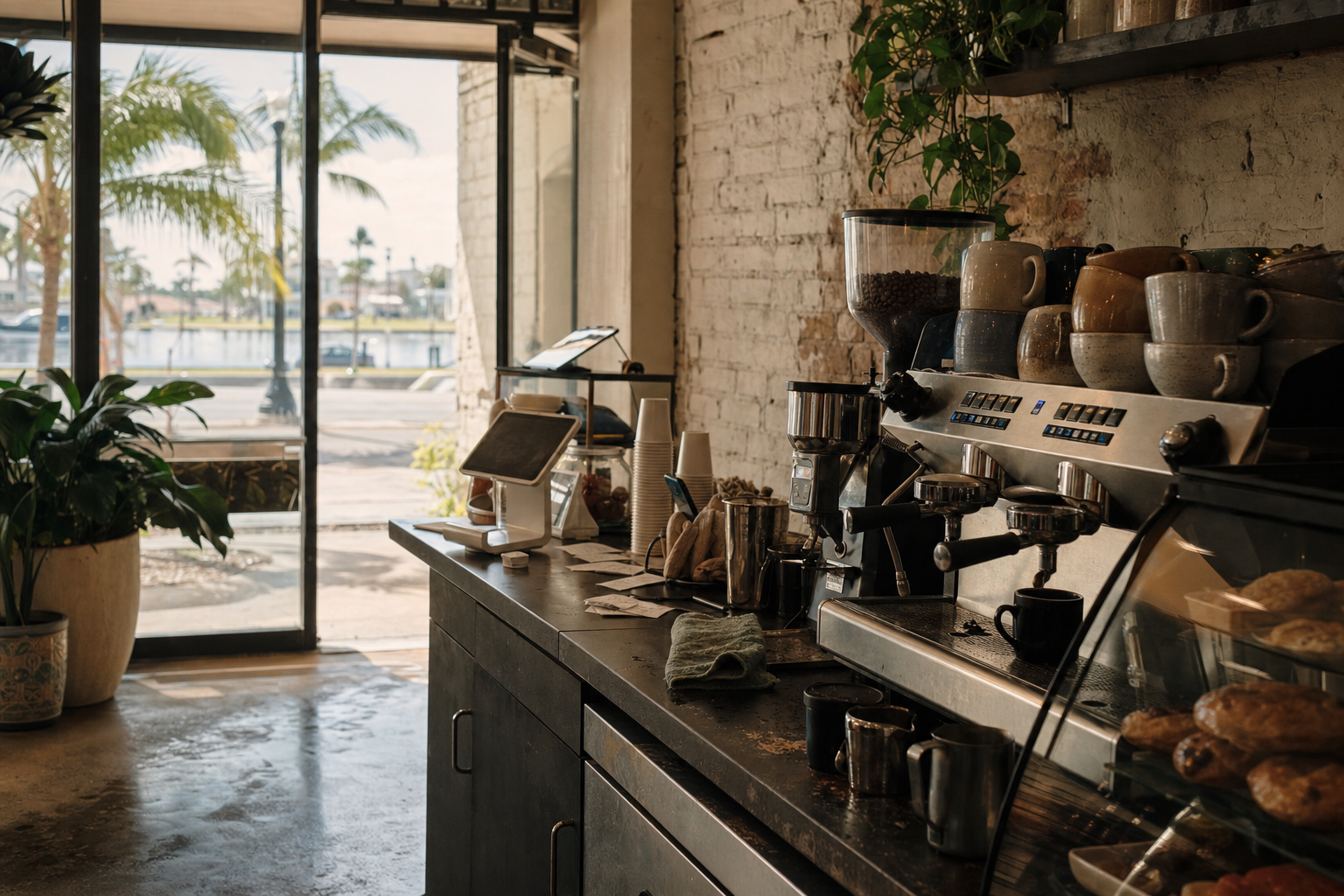 Independent Fort Myers coffee shop interior with Gulf-light morning, pastry case in the corner