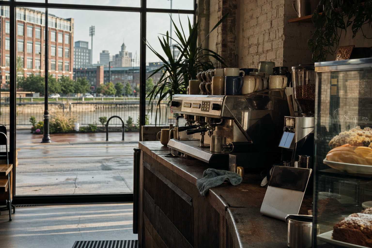 Independent Fort Wayne coffee shop interior with Midwest hardwood morning light, espresso machine in the foreground